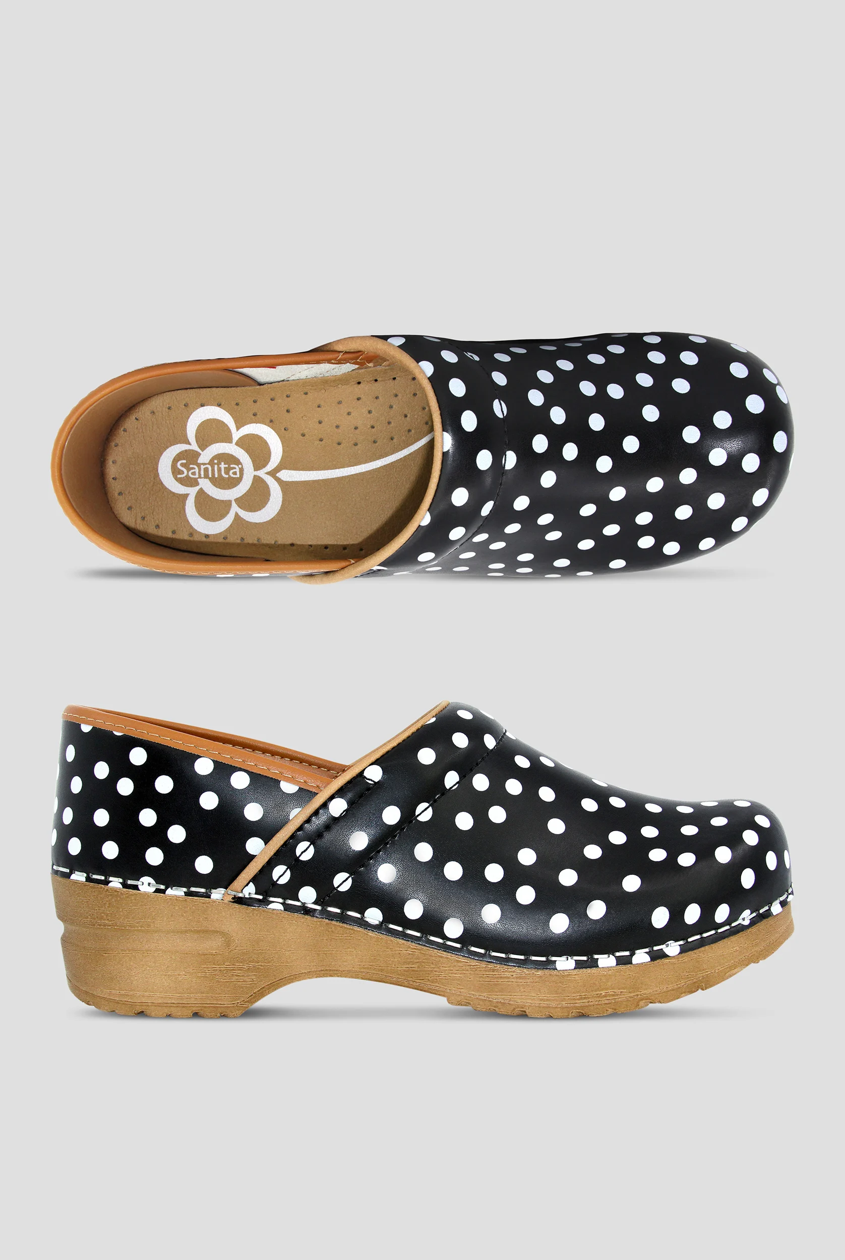 Sanita Women's Professional Roxbury Leather Black Polka Dot Clogs