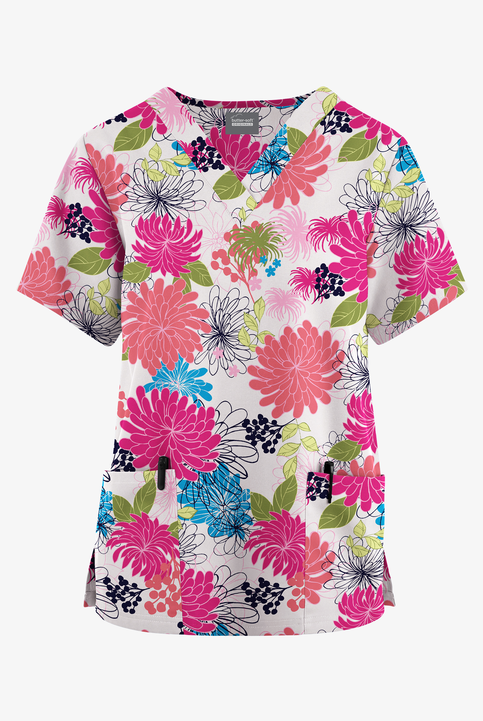 Butter-Soft Originals Floral Burst White Women's 2-Pocket V-Neck Print Scrub Top