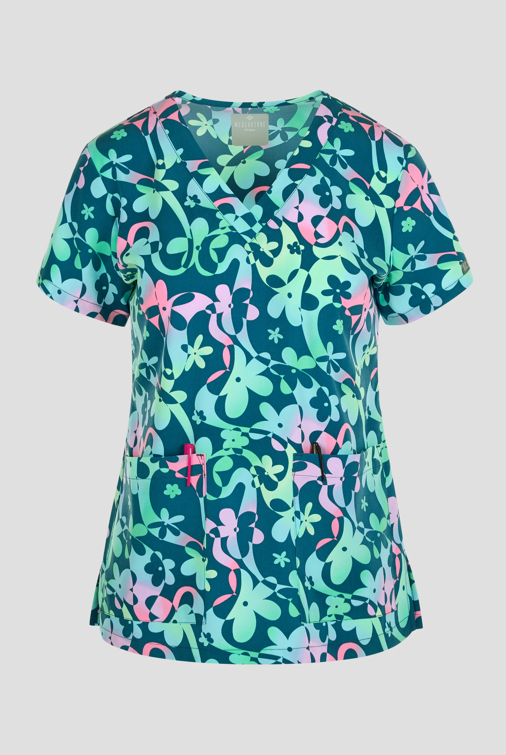 Med Couture Dizzy Daisy Women's 1-Pocket STRETCH V-Neck Print Scrub Top