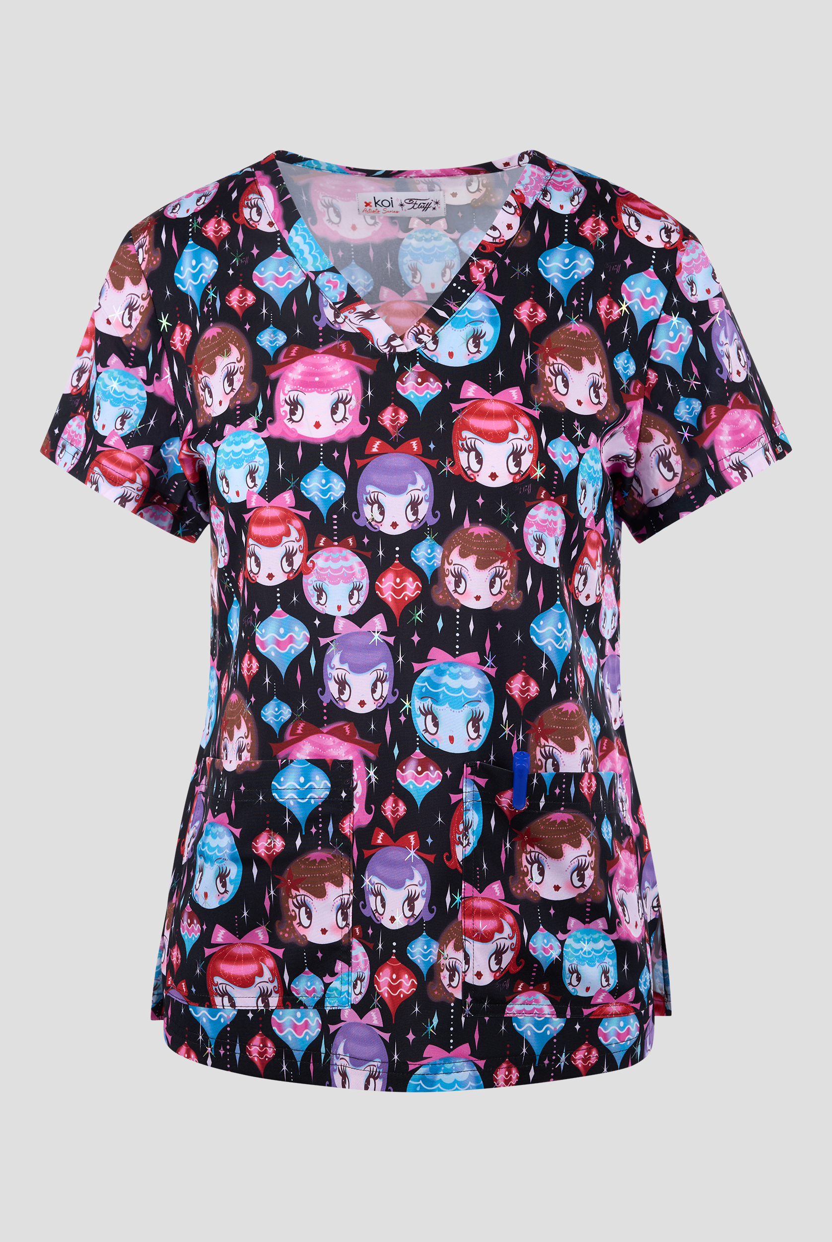 koi Lite Dolly Ornaments Women's 2-Pocket V-Neck Print Scrub Top