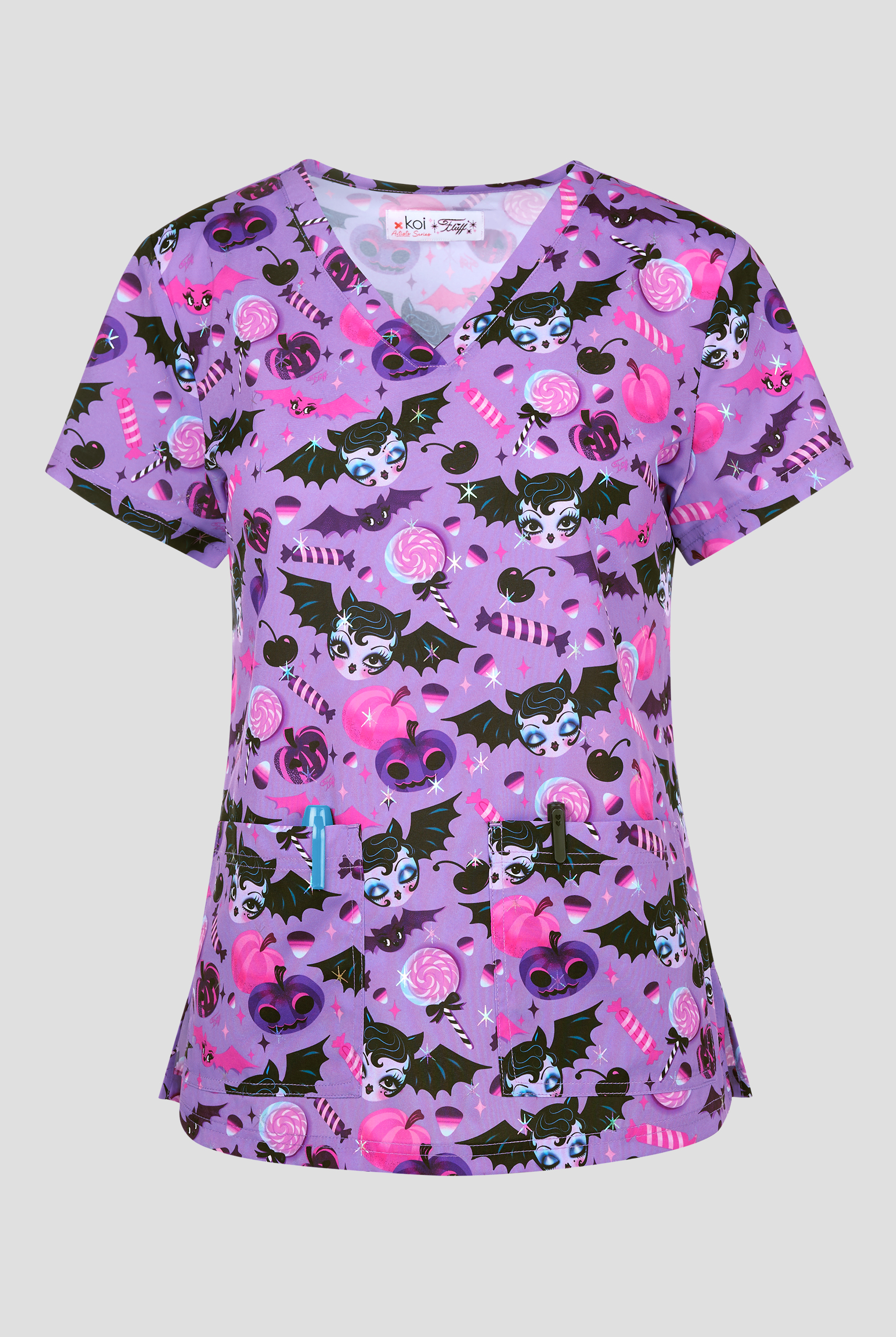 koi Next Gen Vampire Bat Dolly Women's 2-Pocket STRETCH V-Neck Print Scrub Top