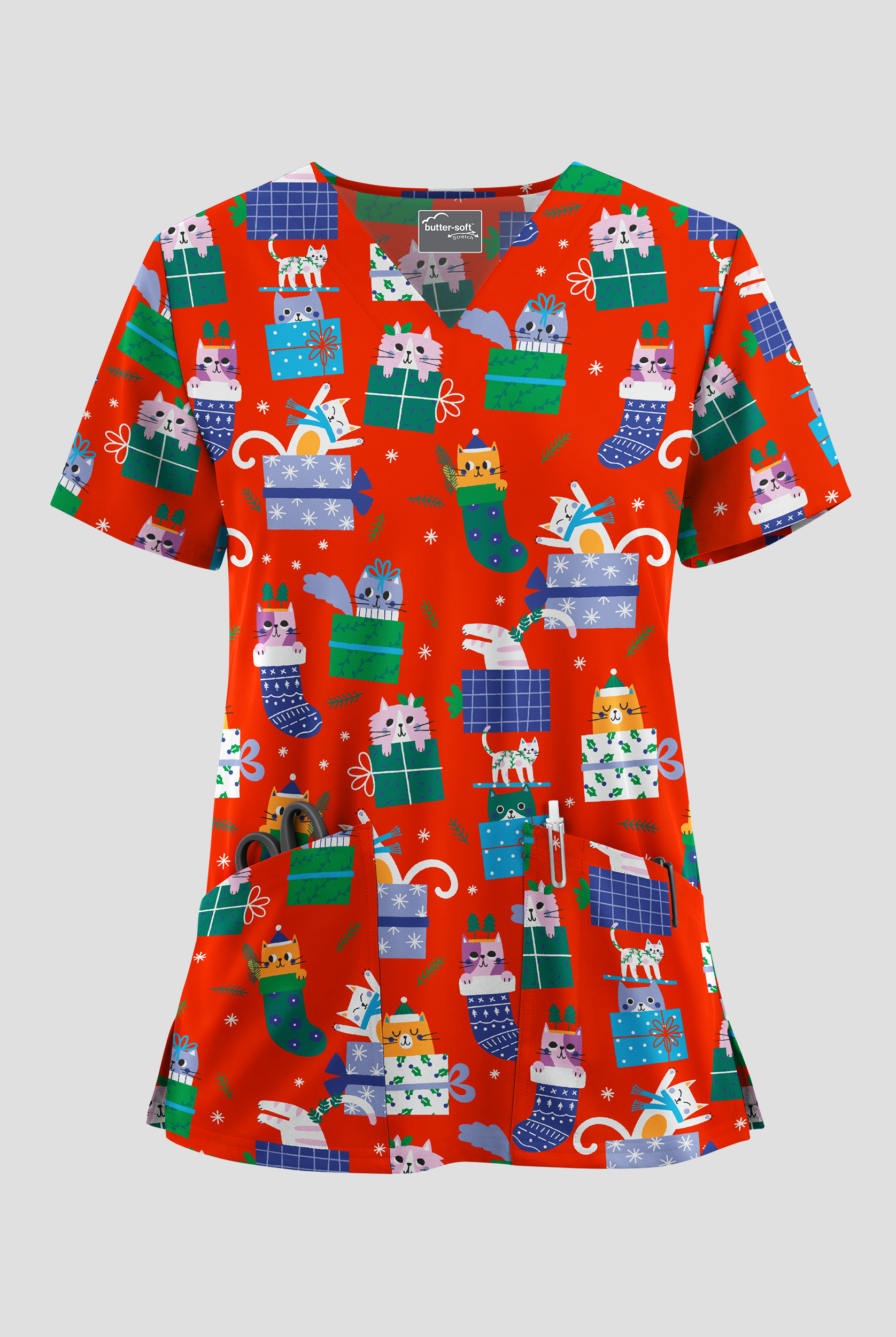 Butter-Soft STRETCH Merry Cat-mas Women's 2-Pocket V-Neck Print Scrub Top
