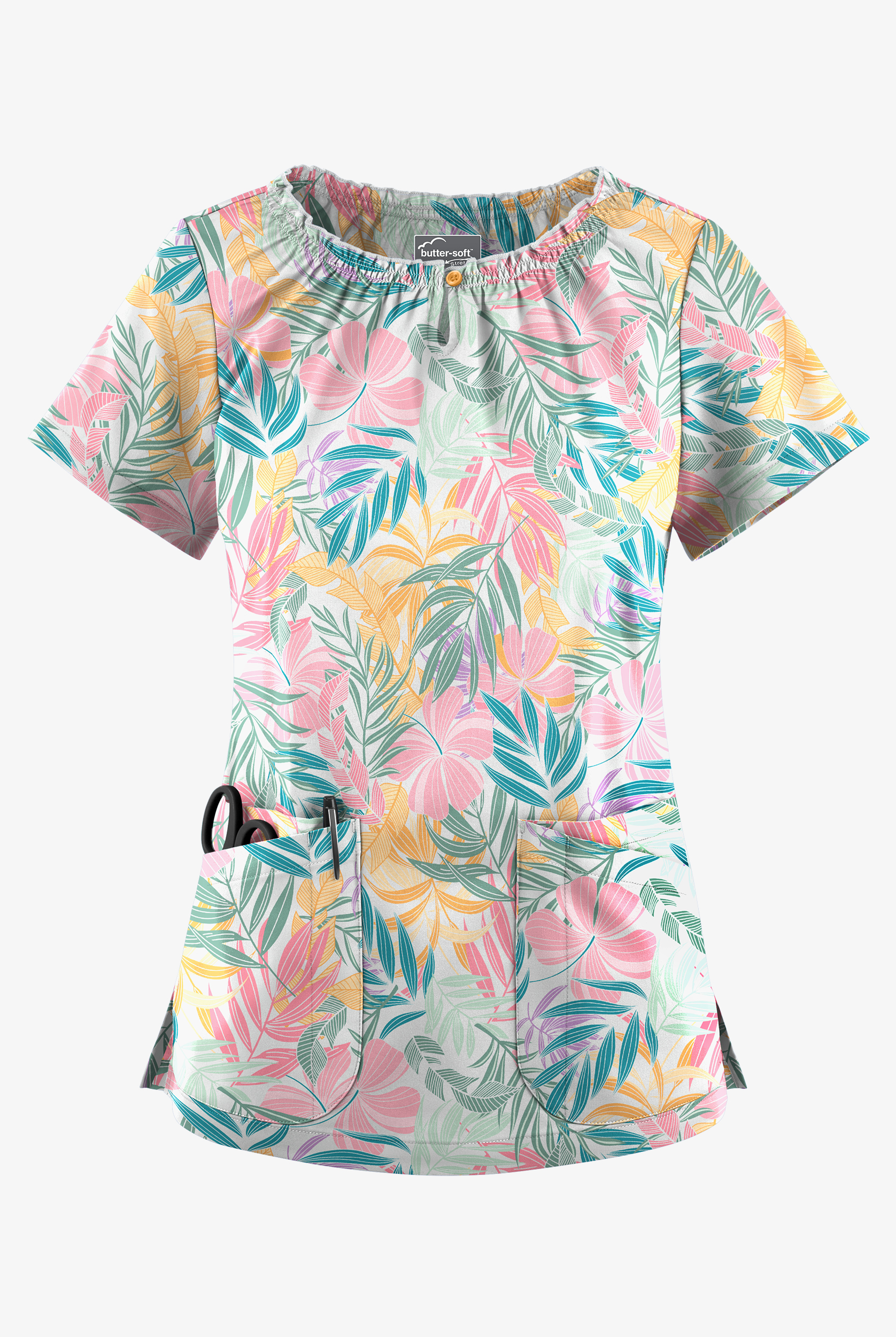 Butter-Soft STRETCH Tropical Mix Women's 6-Pocket Peasant Style Print Scrub Top