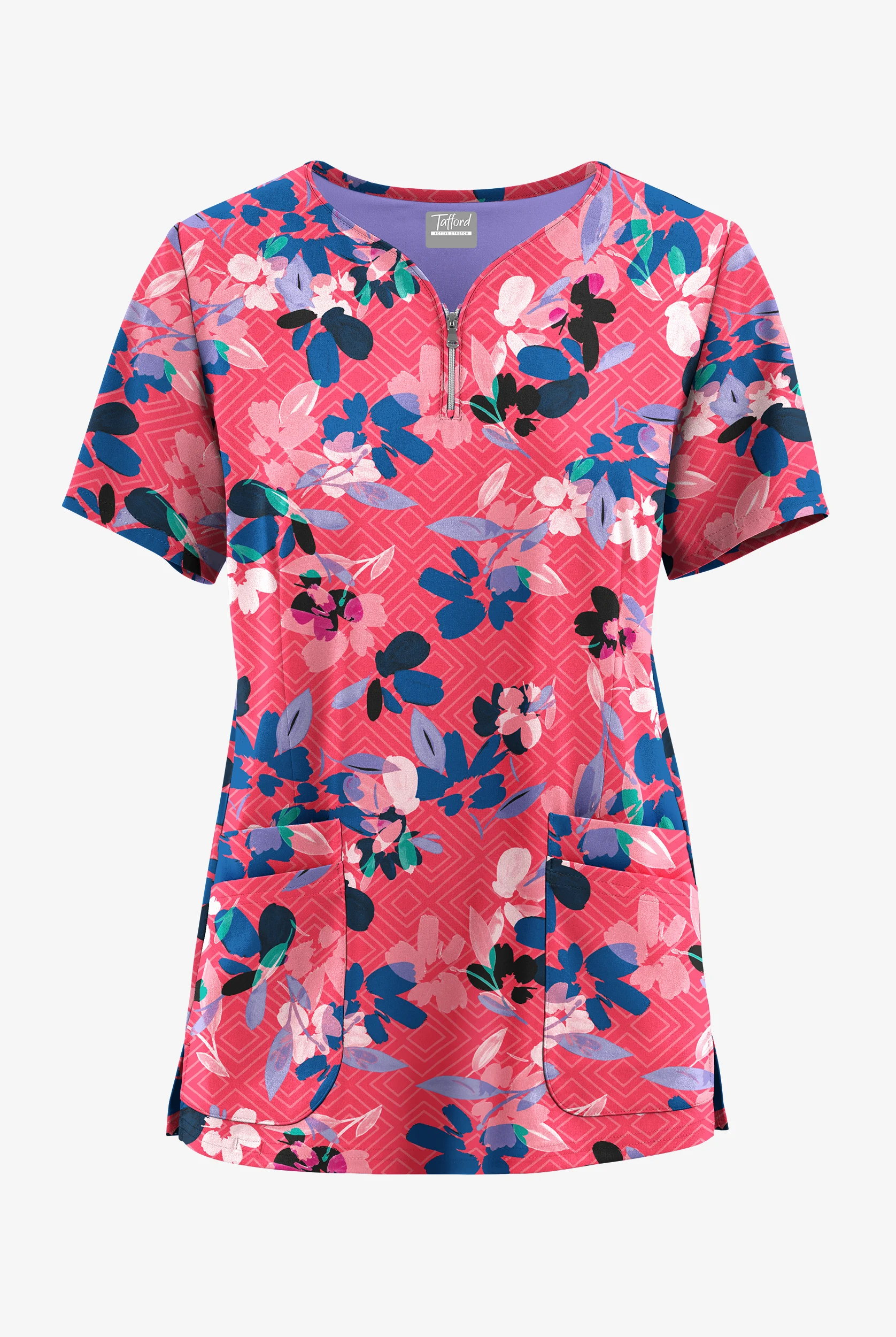 Tafford Active STRETCH Kyoto Floral Bright Watermelon Women's 4-Pocket Zip Neck Print Scrub Top