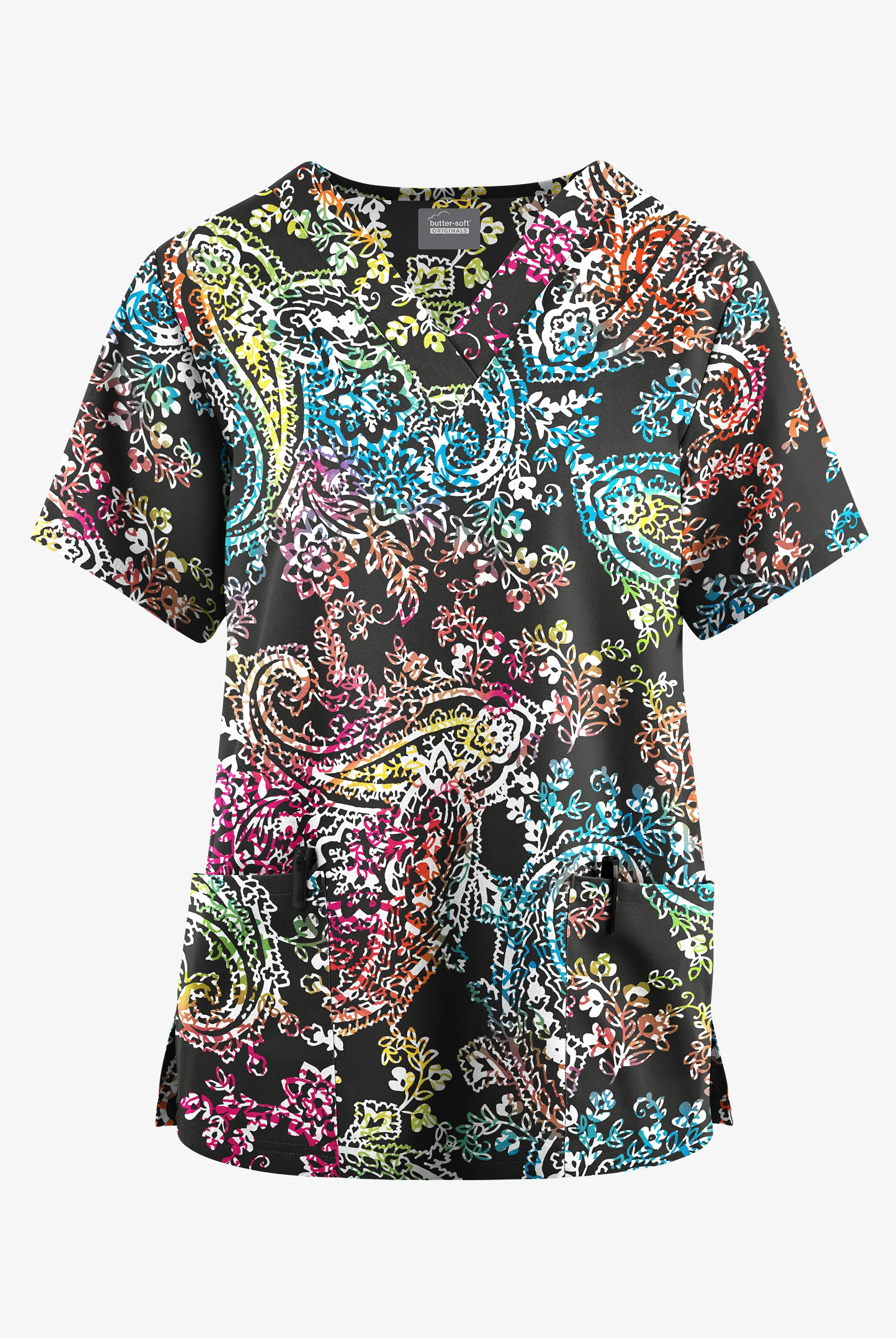 Butter-Soft Originals Exotic Paisley Black Women's 2-Pocket V-Neck Print Scrub Top