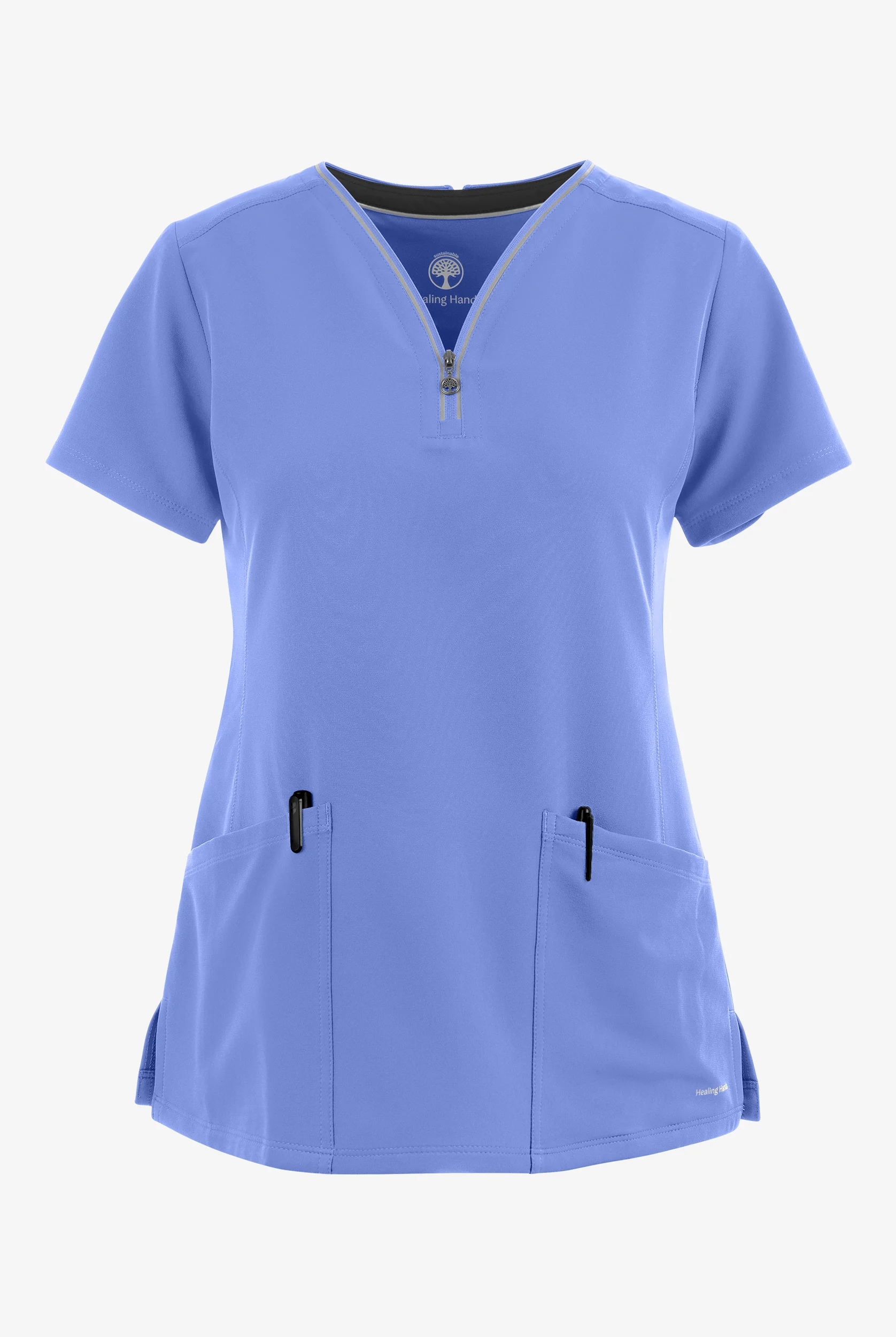 Healing Hands 360 Sonia Women's 3-Pocket STRETCH Reflective Y-Neck Zip Scrub Top