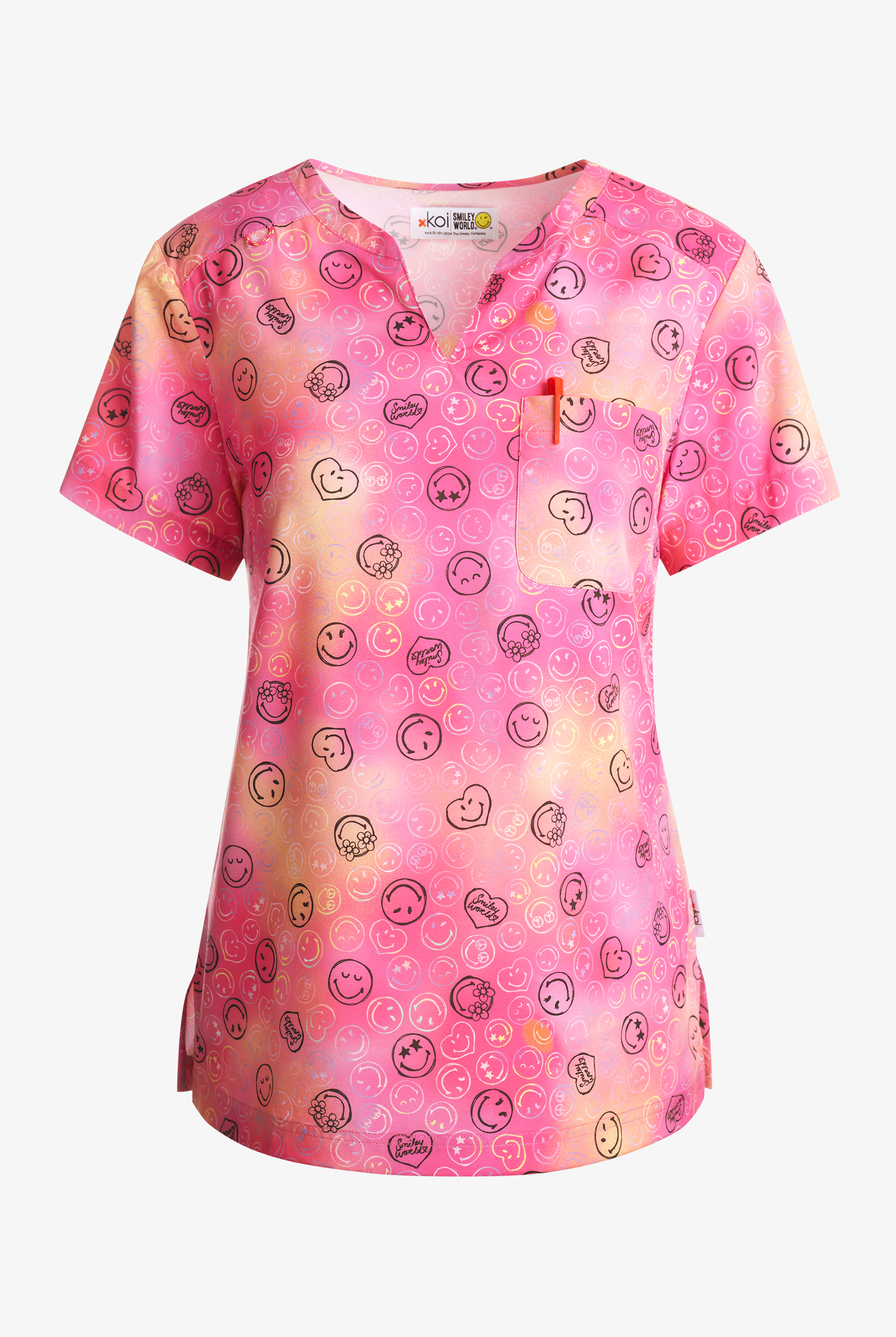 koi Smiley World Lovely Smile Women's 1-Pocket STRETCH V-Neck Print Scrub Top