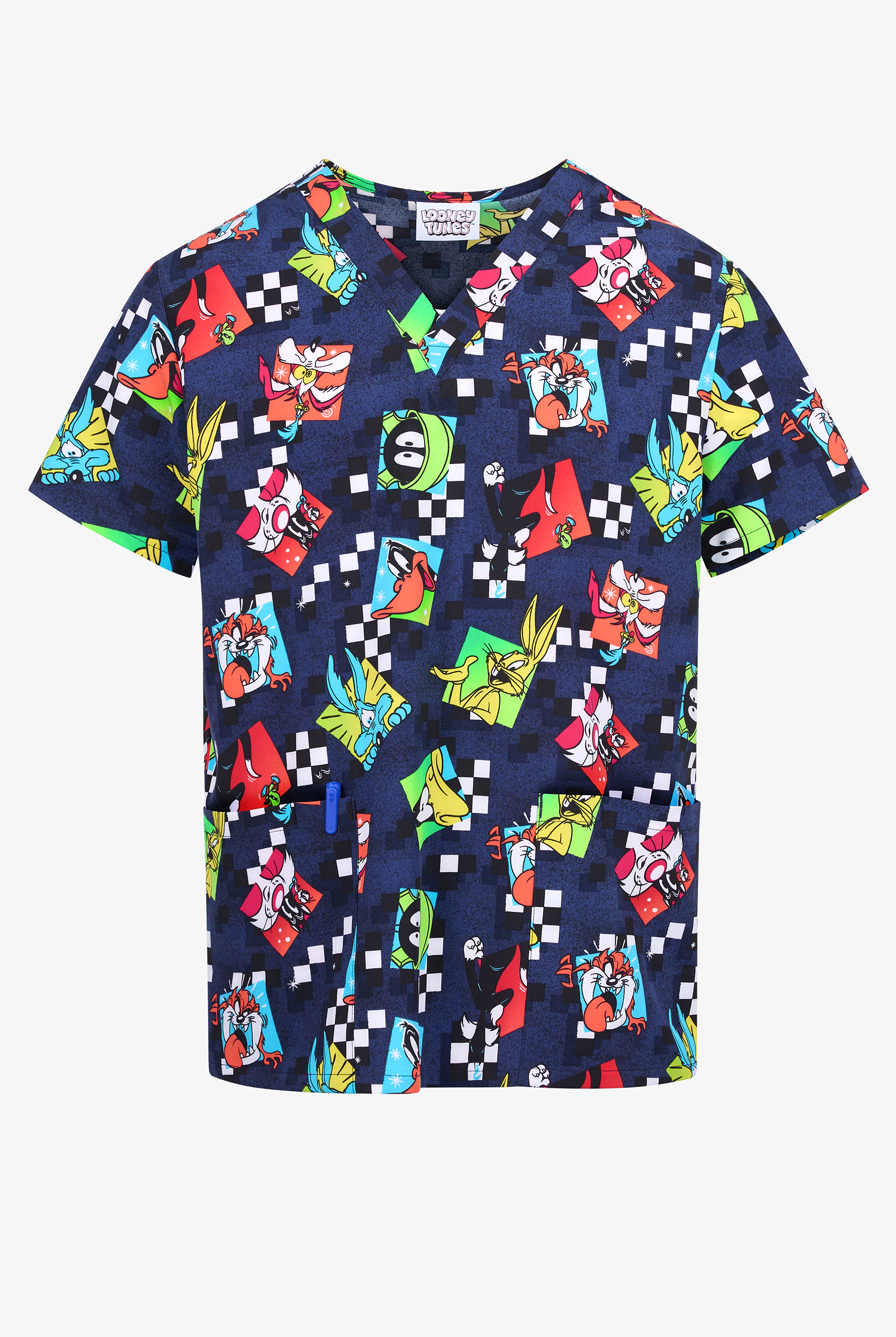Tooniforms Looney Tunes Check Yeah Men's 2-Pocket STRETCH V-Neck Print Scrub Top