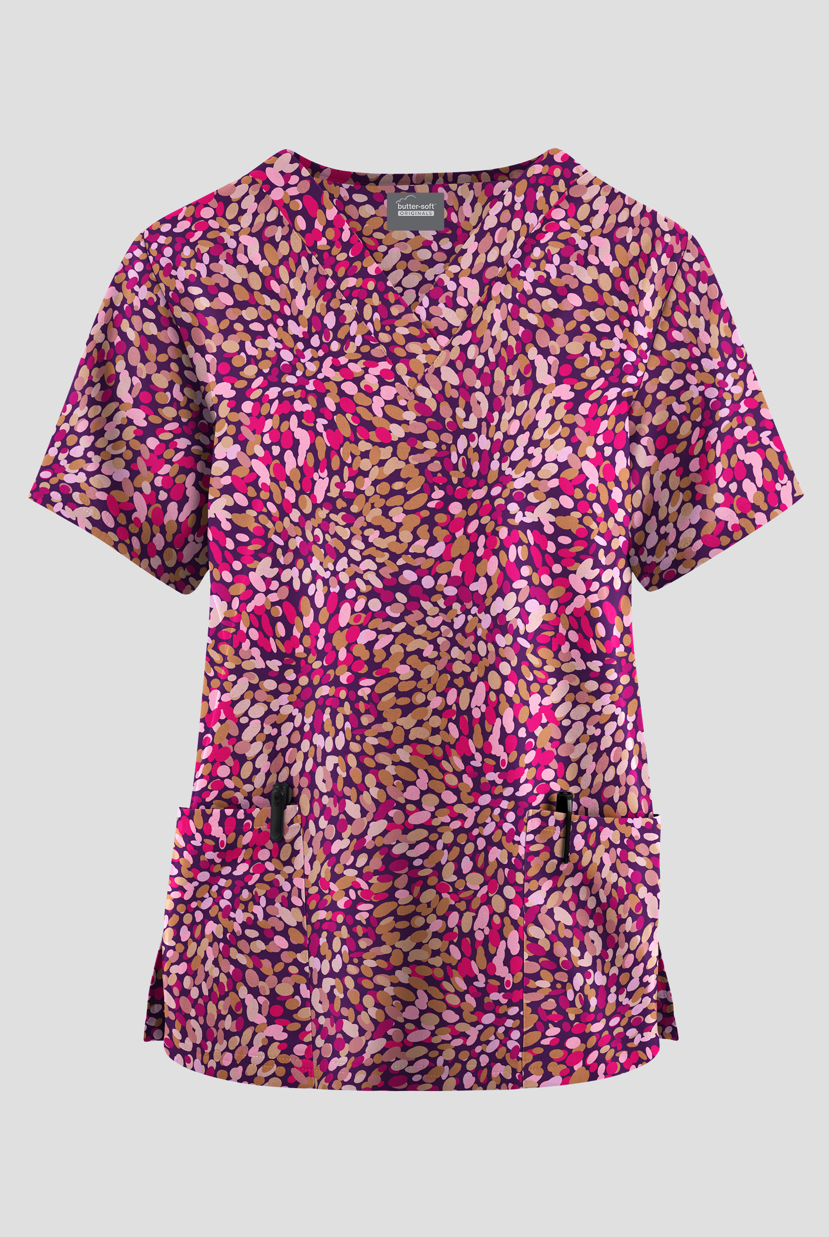Blusa médica estampada Butter-soft Originals Rainbow Petals Eggplant con cuello en V y 2 bolsillos para mujer