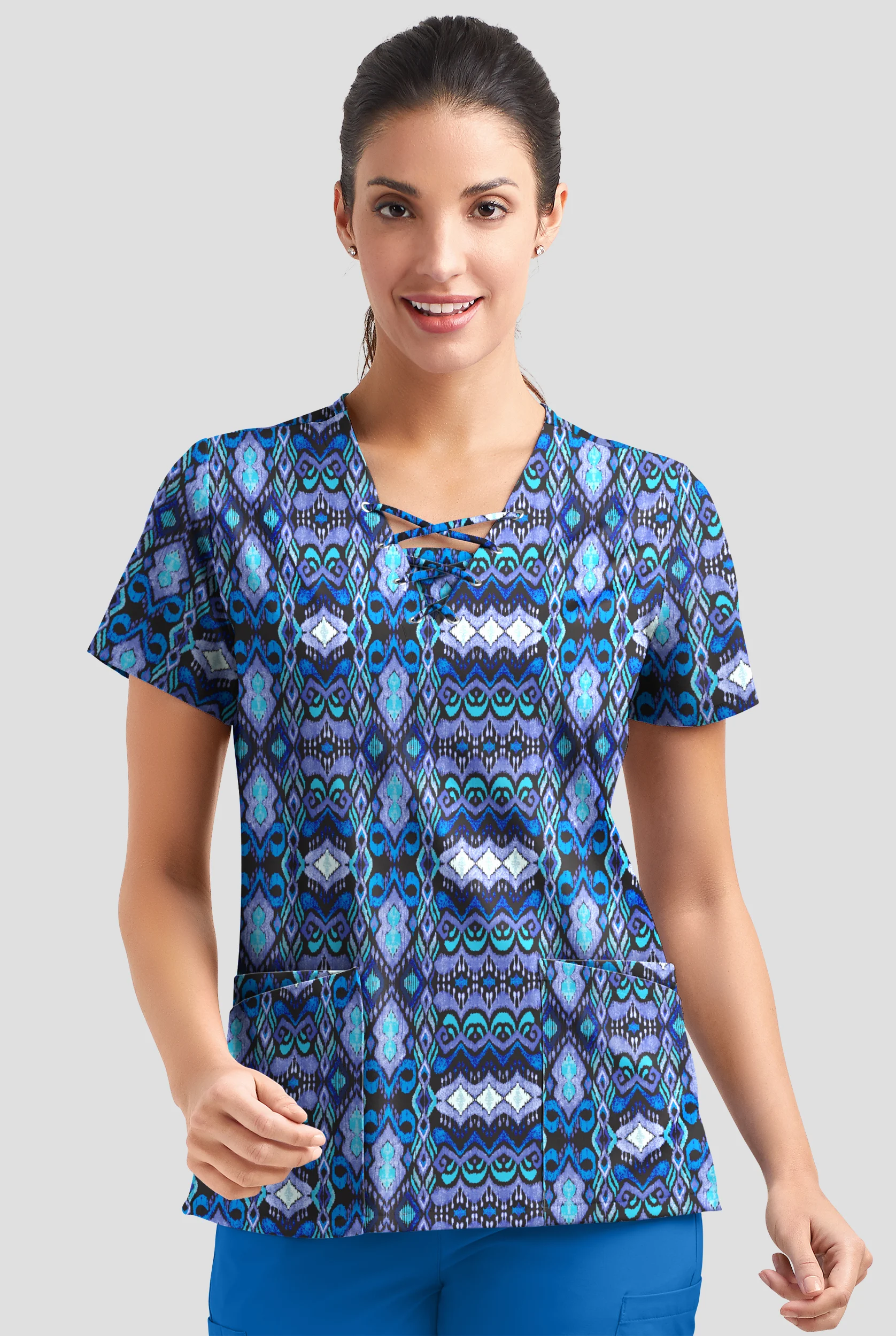 Strictly Scrubs STRETCH Whispering Ikat Onyx Women's 4-Pocket V-Neck Print Scrub Top