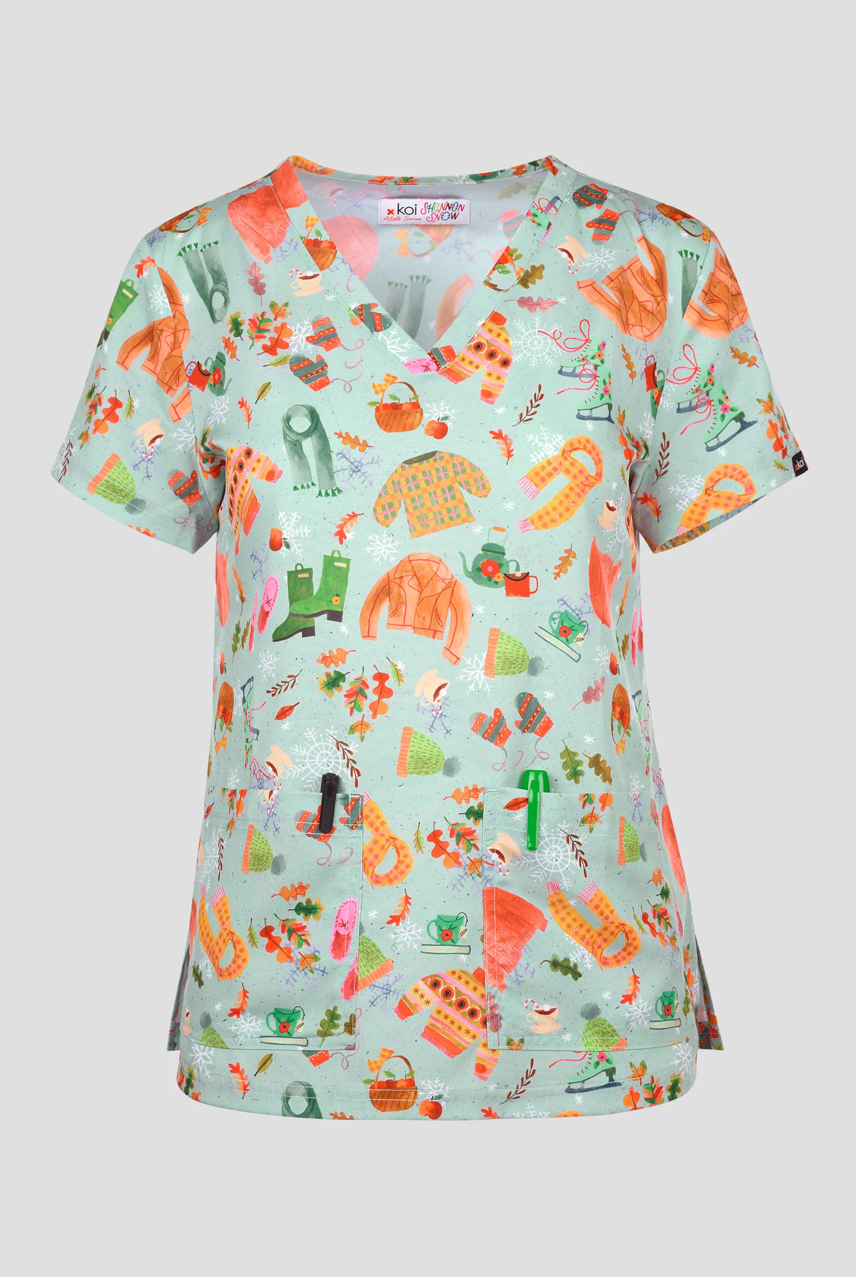 koi Basics Tis The Season Women's 2-Pocket STRETCH V-Neck Print Scrub Top