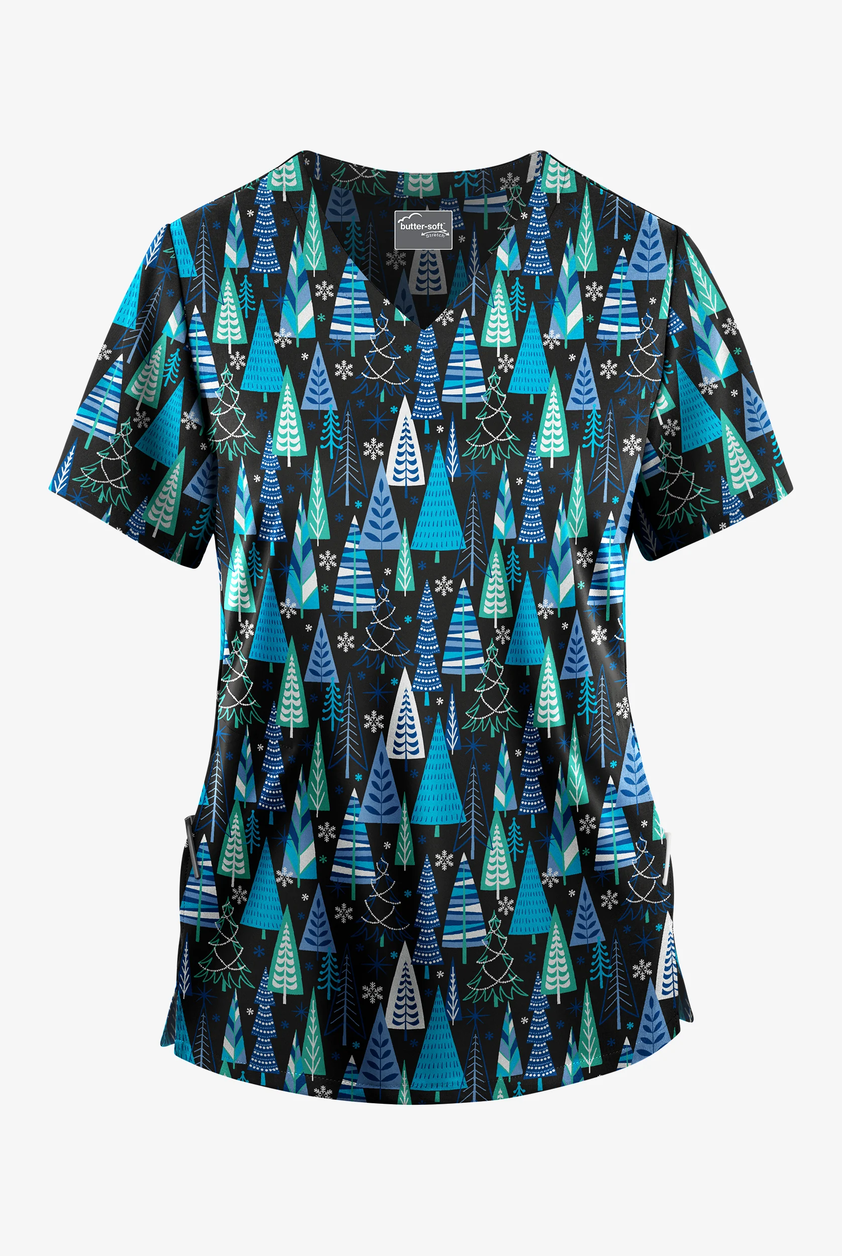 Blusa médica estampada Butter-soft Wintertime Turquoise STRETCH con cuello en V para mujer