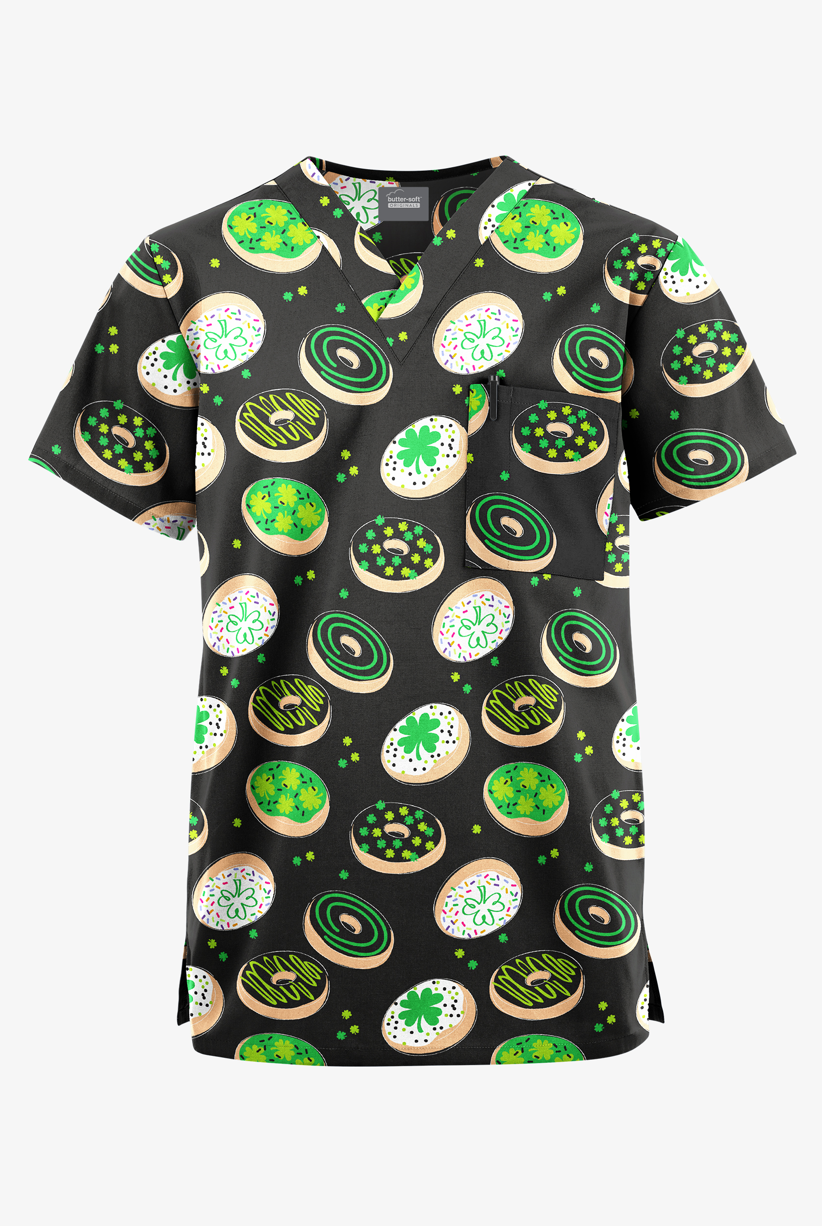 Butter-Soft Originals Lucky Donuts Unisex 2-Pocket V-Neck Print Scrub Top