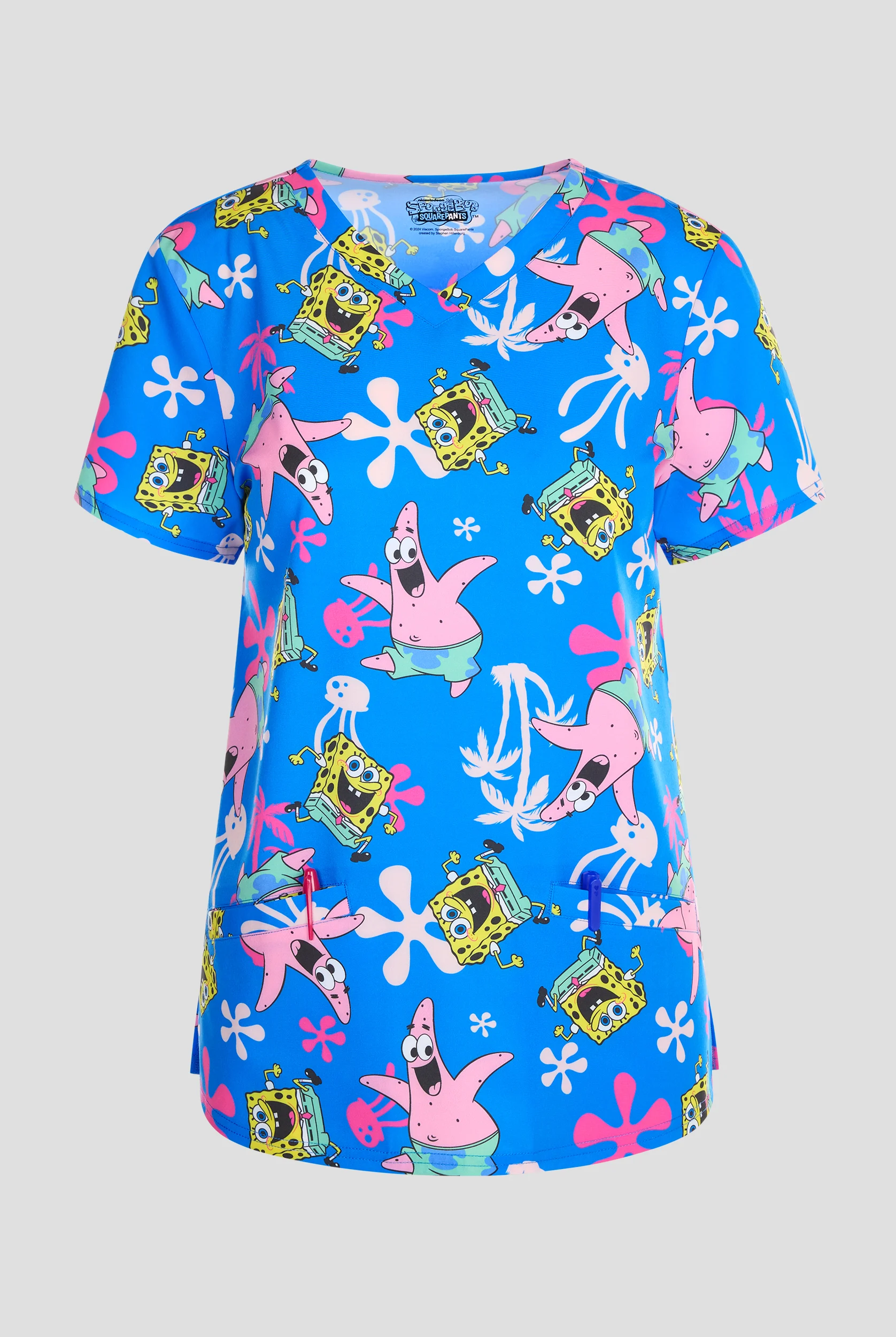 Spongebob & Patrick by Funscrubs Women's 2-Pocket STRETCH V-Neck Print Scrub Top