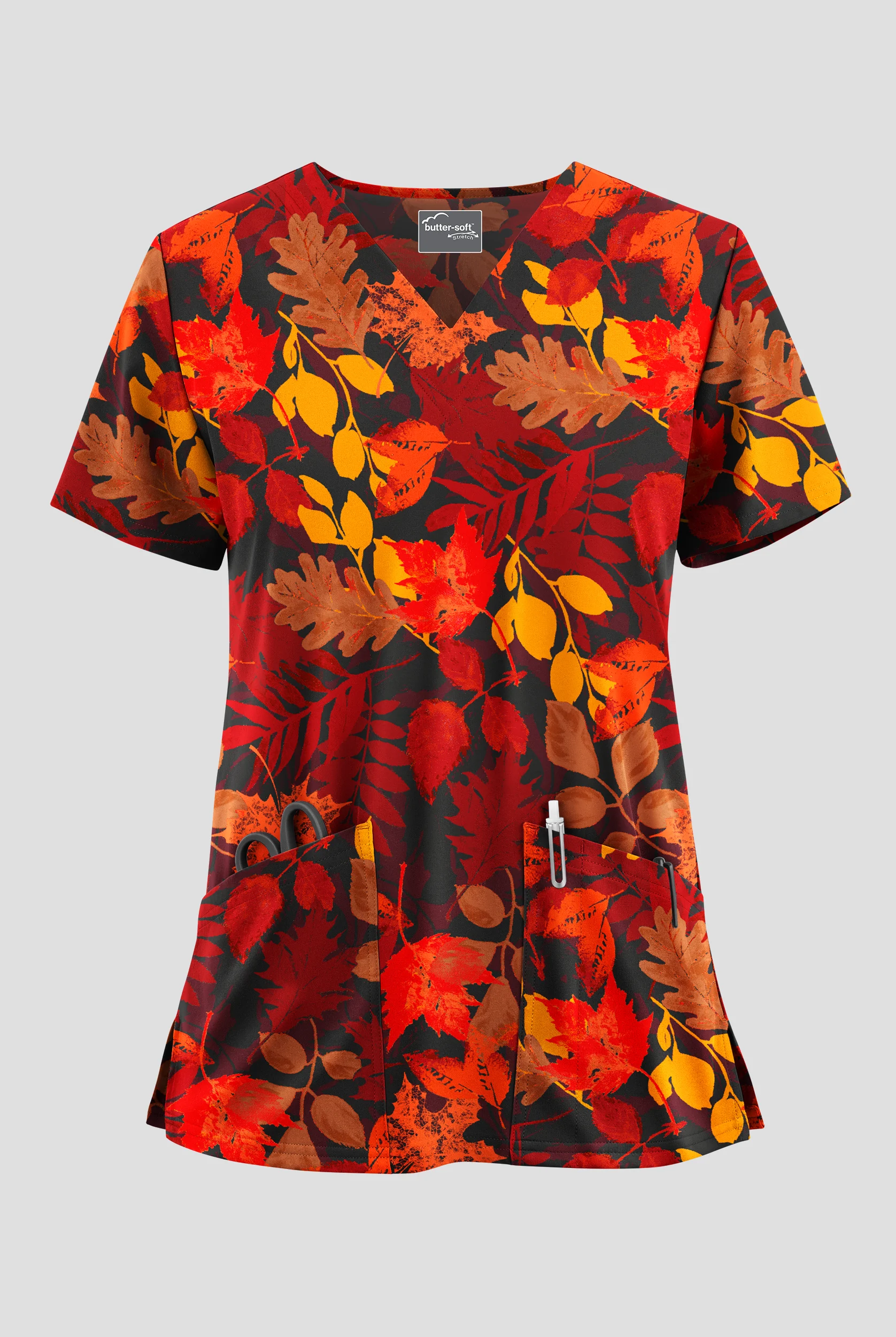 Butter-Soft STRETCH Rustling Leaves Women's 2-Pocket V-Neck Print Scrub Top