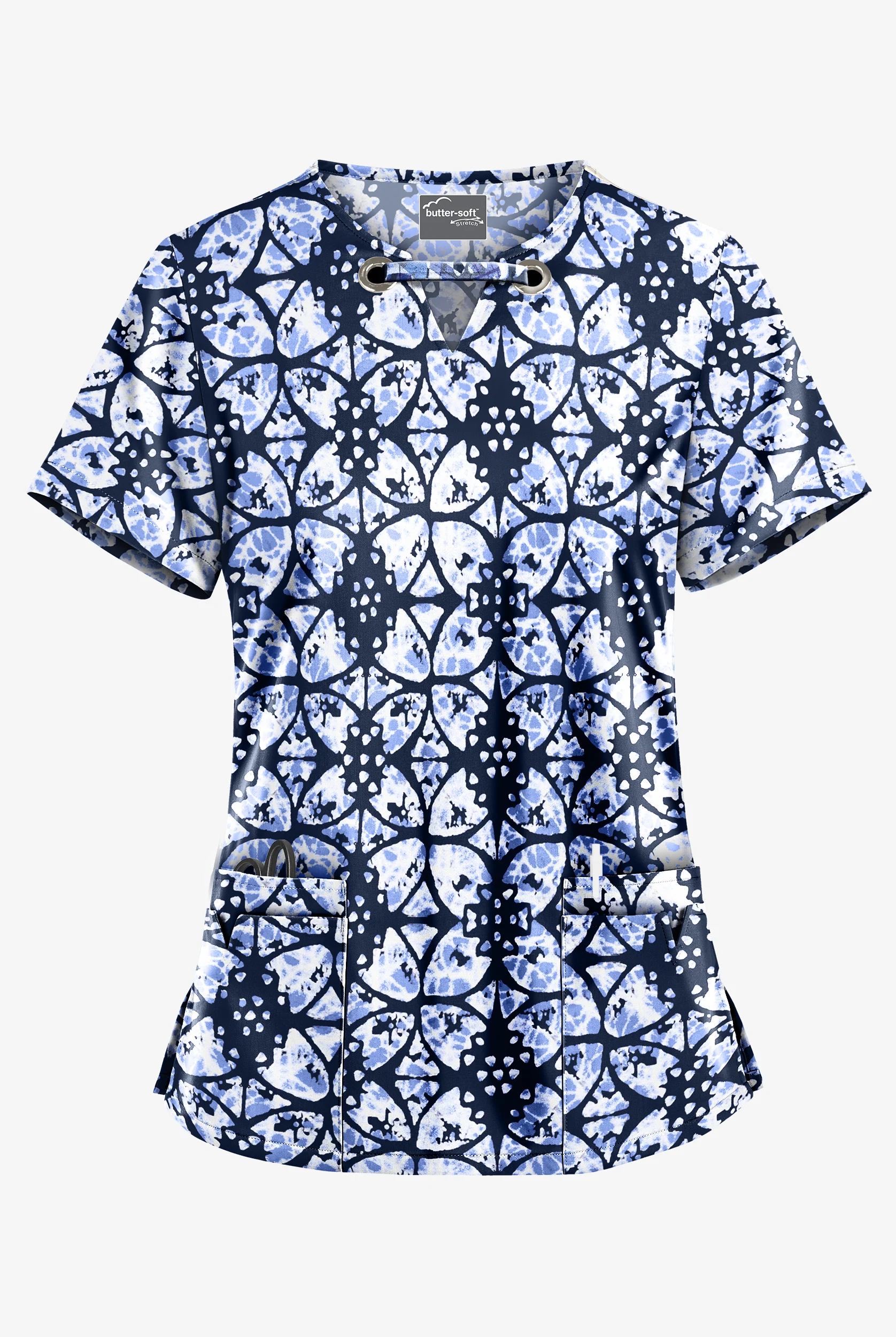 Butter-Soft STRETCH Desert Rose Navy Women's 4-Pocket Large Grommet Print Scrub Top