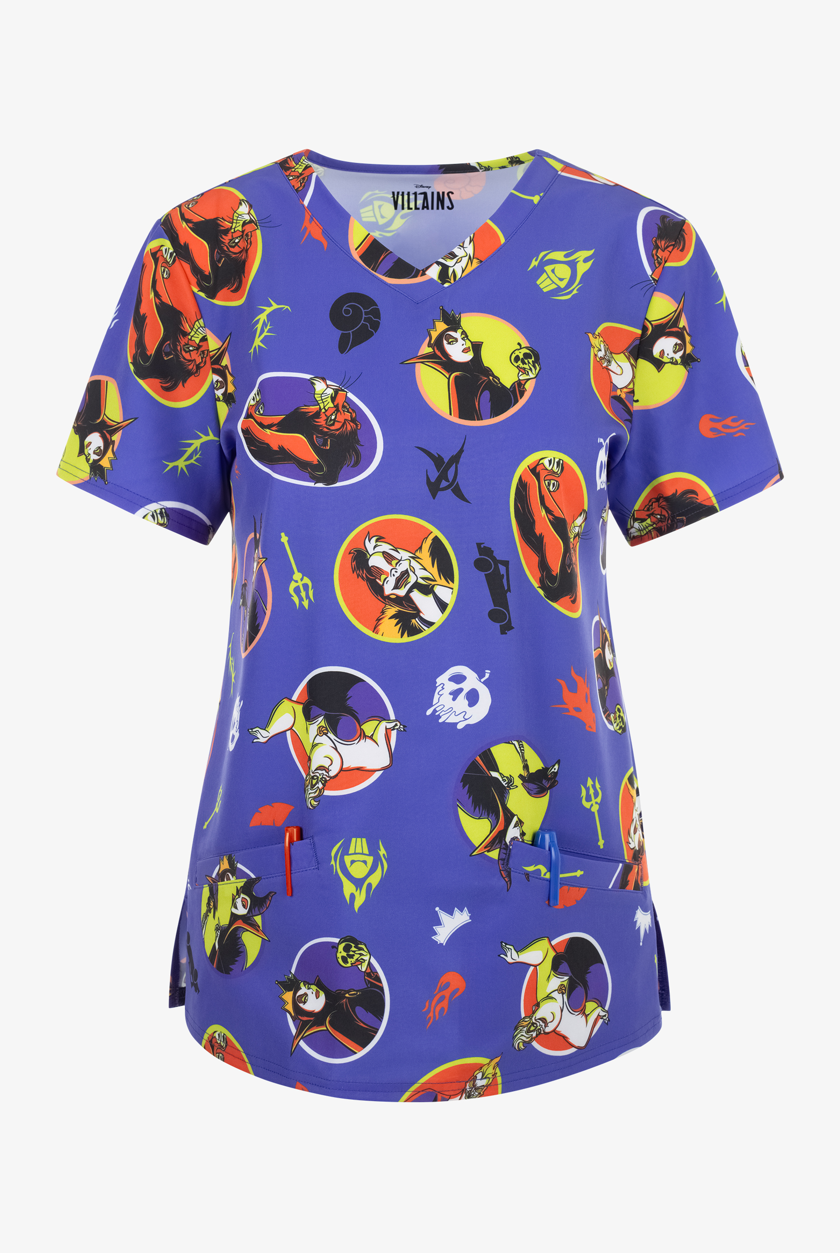 Disney Villians Halloween by Funscrubs Women's 2-Pocket STRETCH V-Neck Print Scrub Top