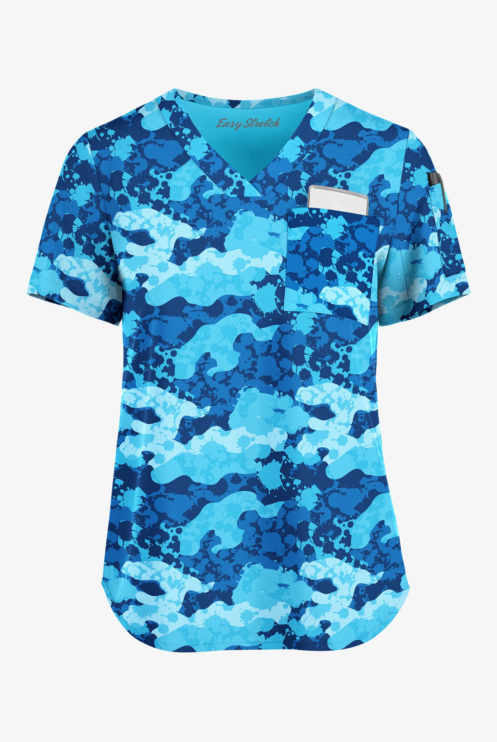 Blusa médica estampada Easy STRETCH Camo Splash Navy con cuello en V y 3 bolsillos para mujer