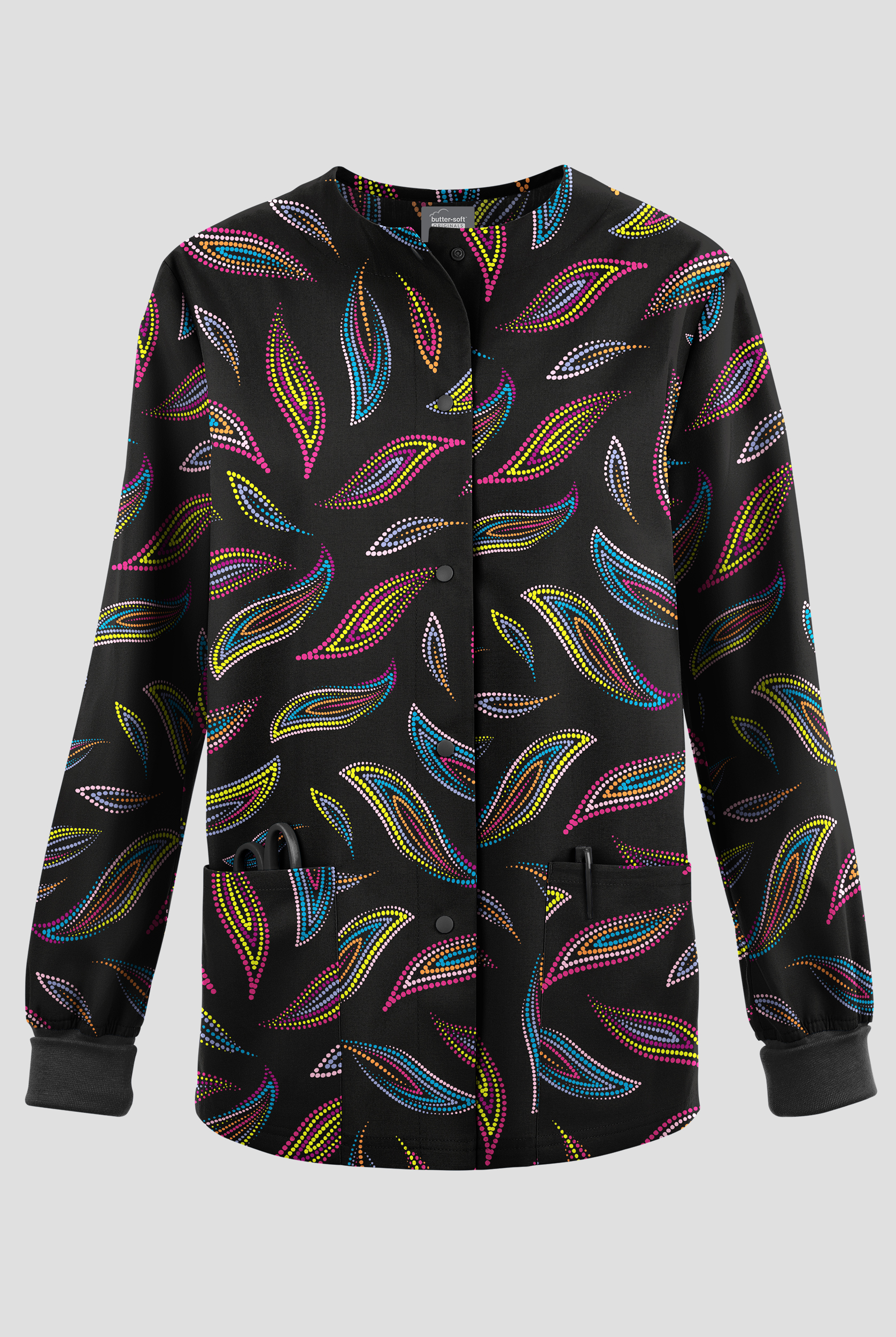 Chaqueta médica estampada Butter-soft Originals Color Symphony con 2 bolsillos para mujer