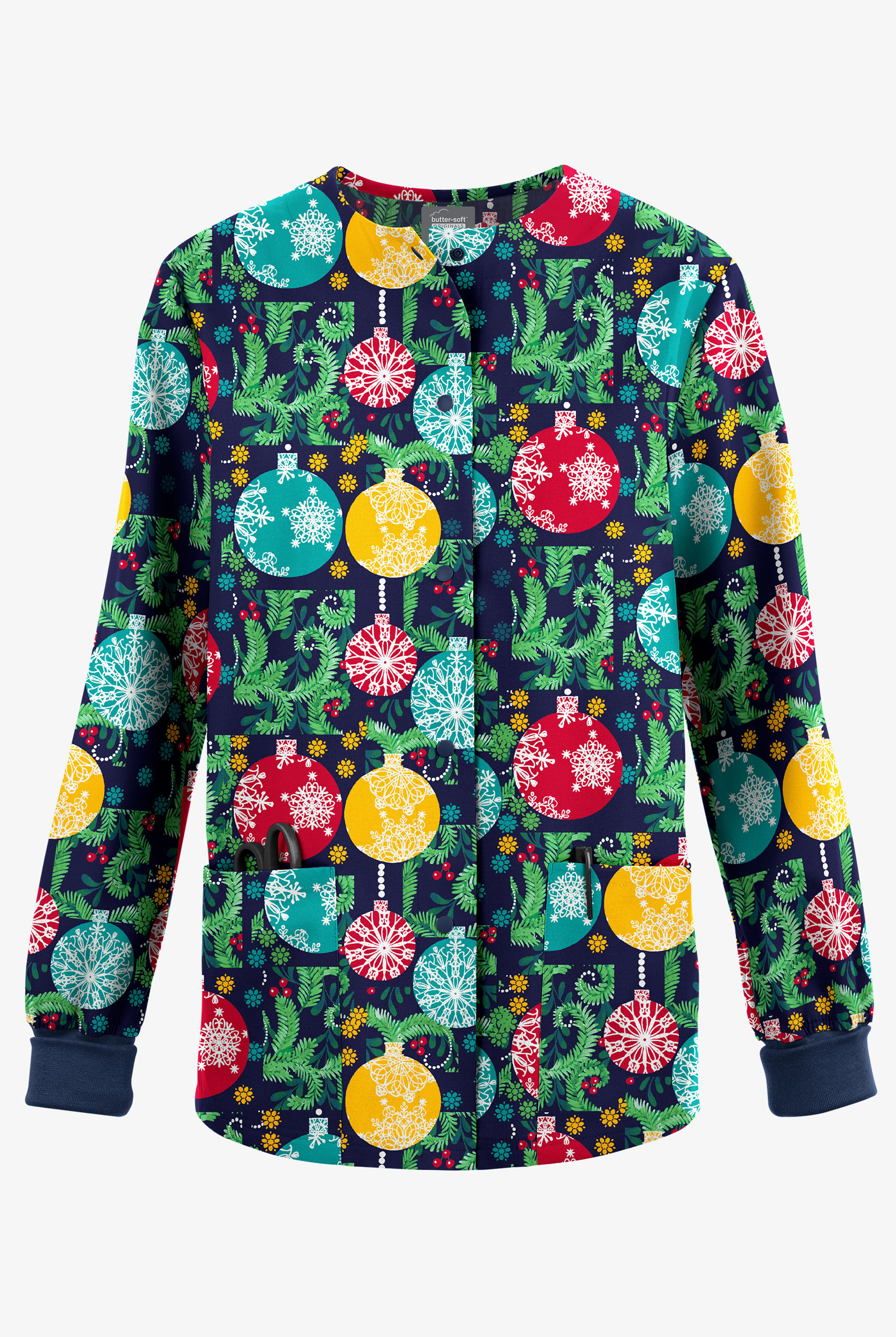 Butter-Soft Originals Baubles And Berries Navy Women's 3-Pocket Snap Front Print Scrub Jacket