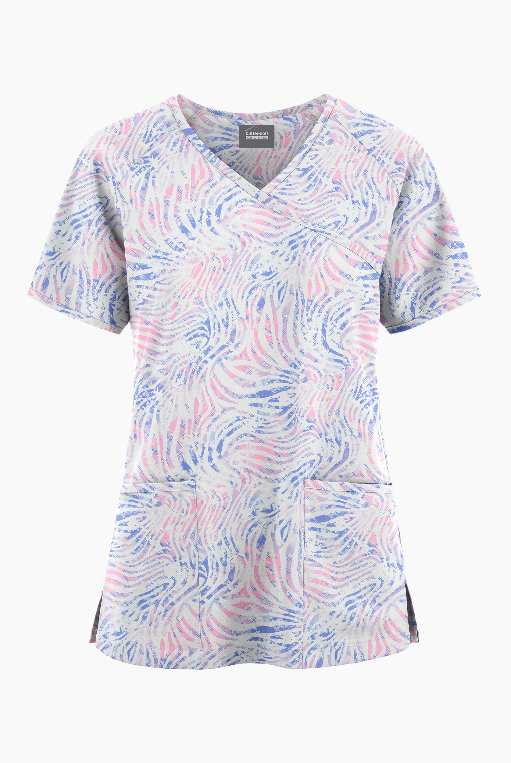 Butter-Soft Originals Abstract Zebra Women's 3-Pocket Raglan Sleeve Mock Wrap Print Scrub Top