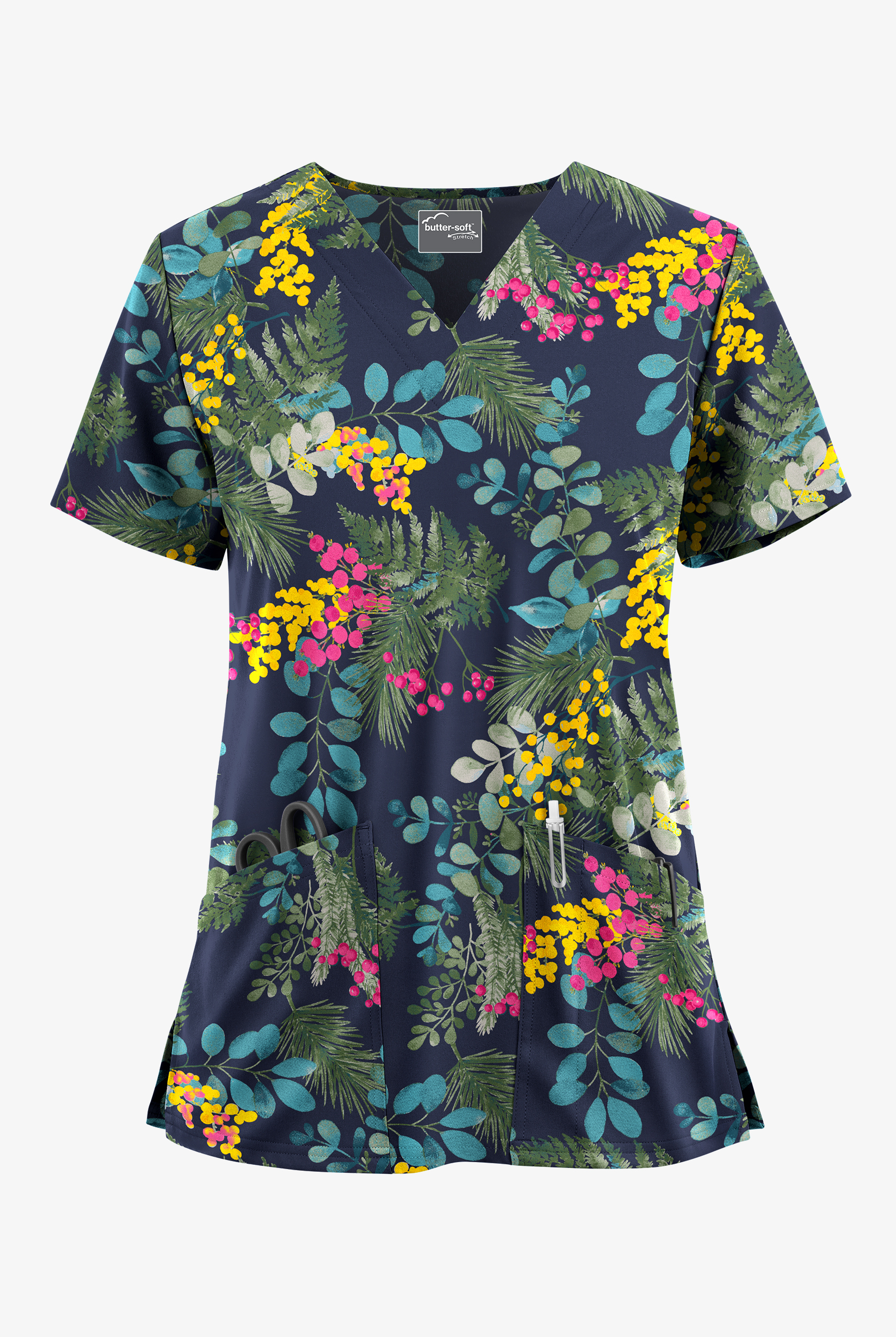 Butter-Soft STRETCH Forest Fern Navy Women's 2-Pocket V-Neck Print Scrub Top