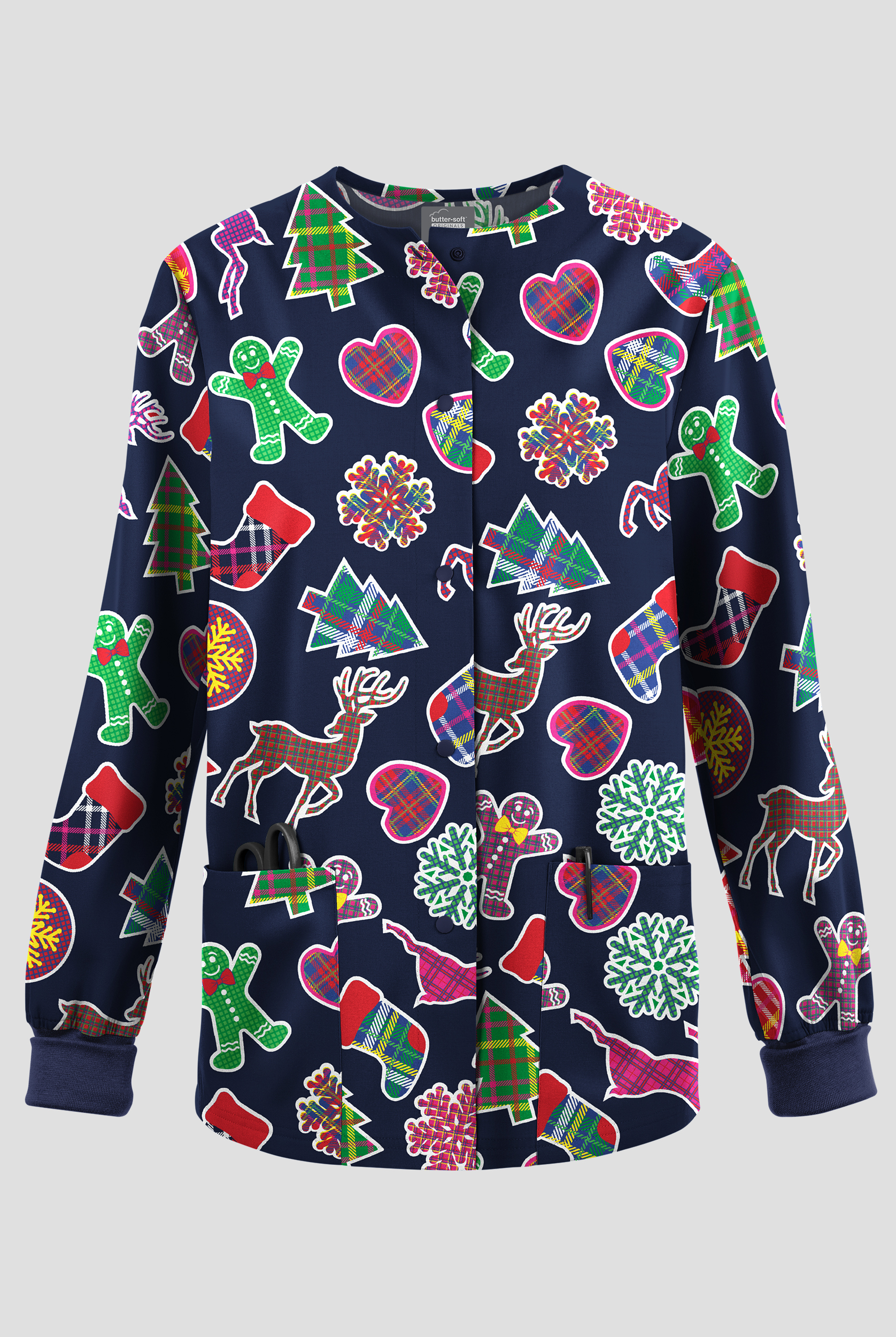 Butter-Soft Originals Christmas Tartan Navy Women's 3-Pocket Warm-Up Print Scrub Jacket