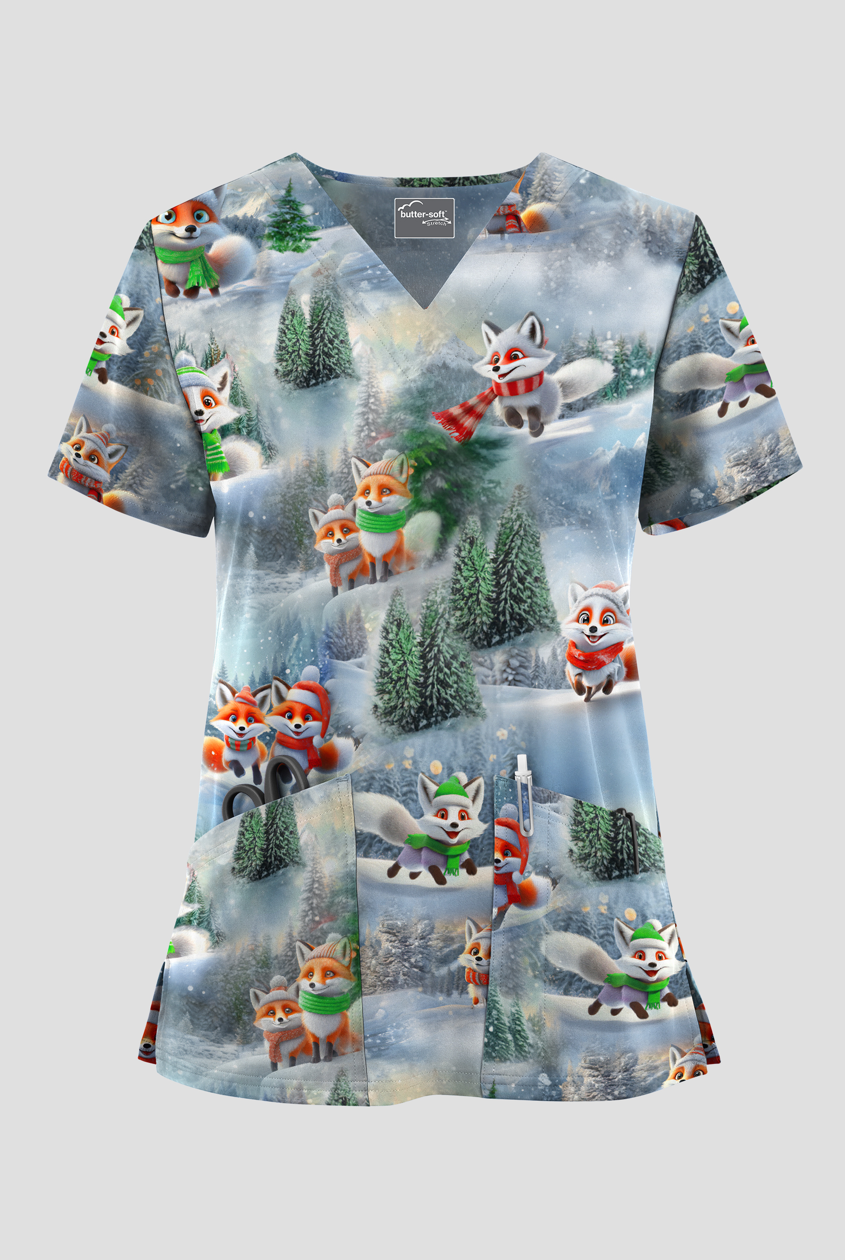 Blusa médica estampada Butter-soft STRETCH Foxy Winter con cuello en V y 2 bolsillos para mujer