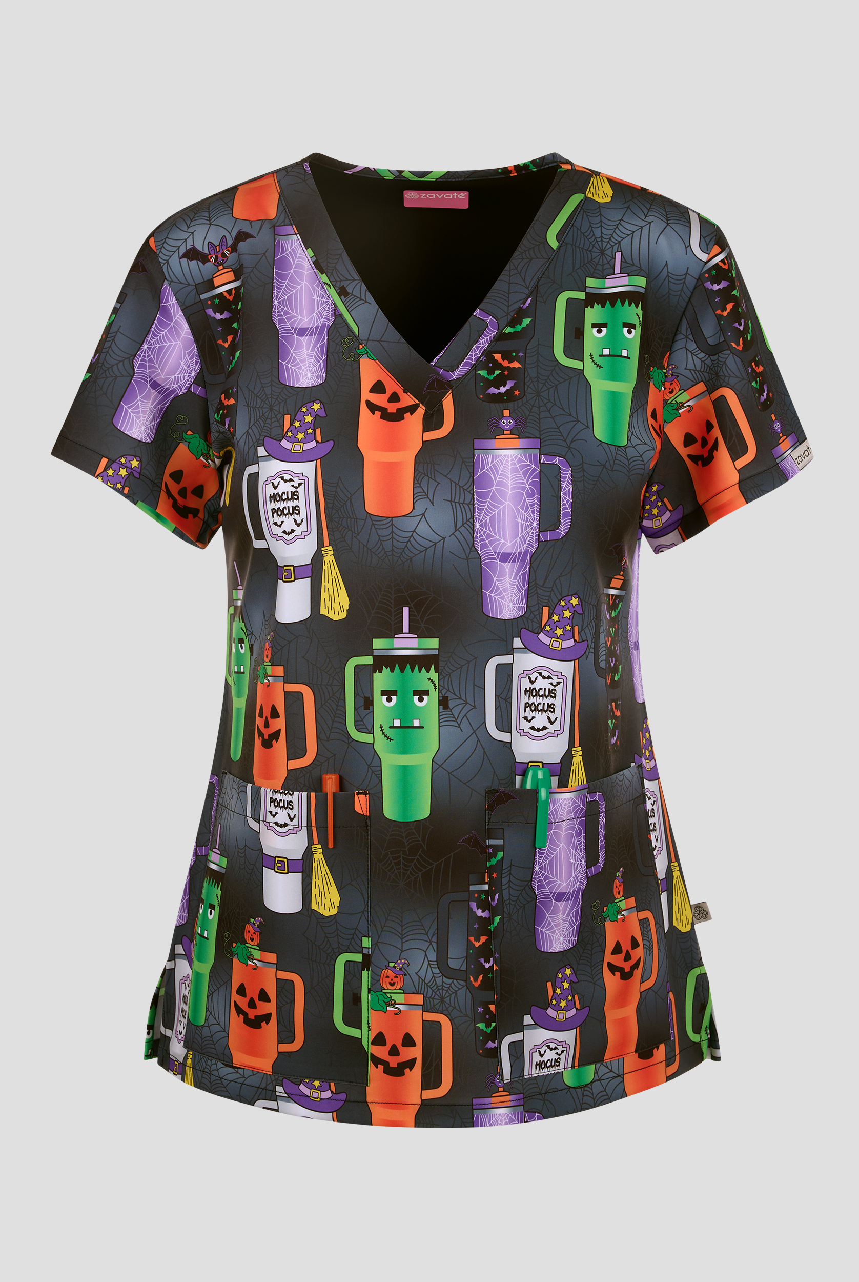 Blusa médica estampada Zavate Ava Therese Haunted Hydration STRETCH con cuello en V y 2 bolsillos para mujer