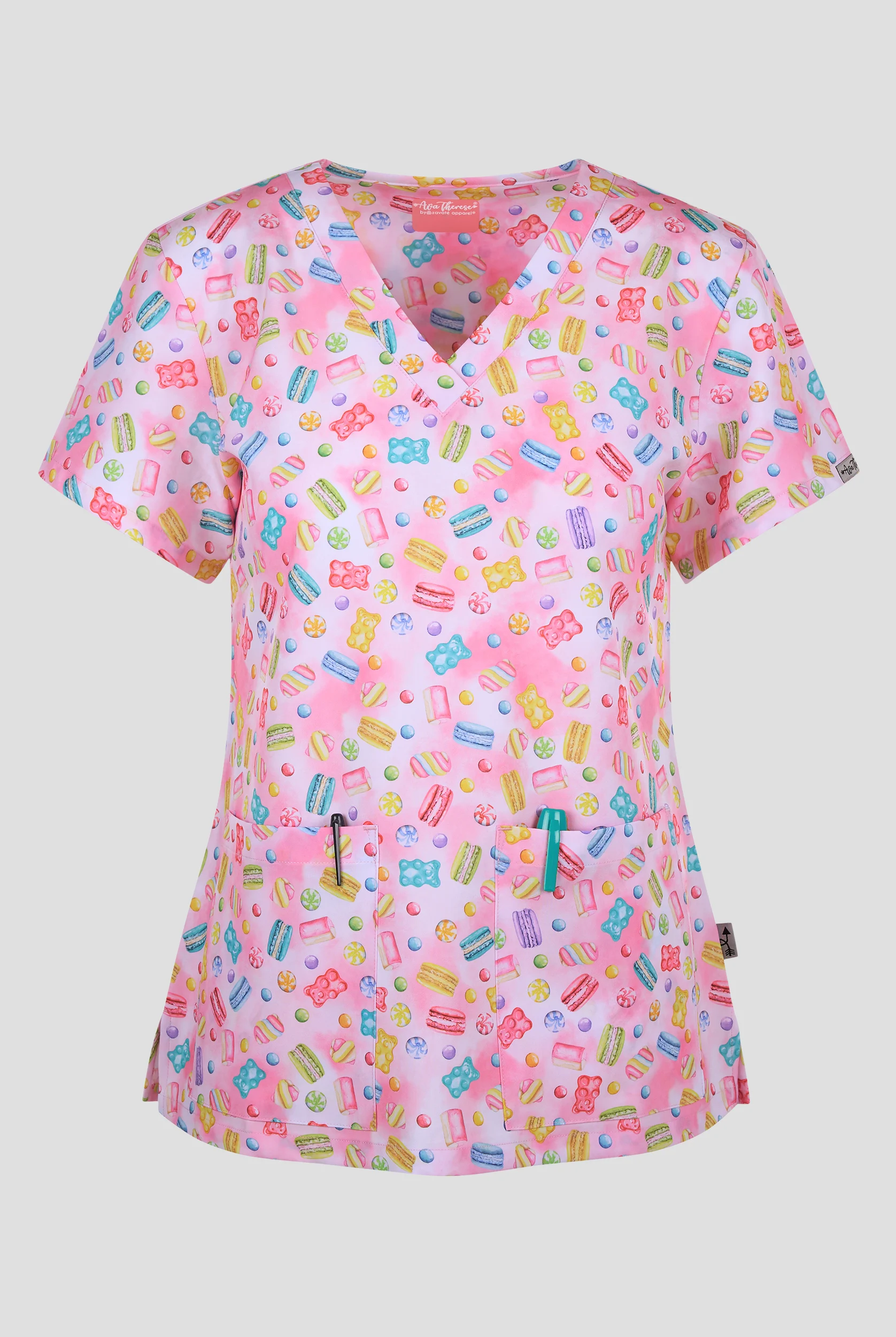 Zavate Ava Therese Candy Crushin Women's 2-Pocket STRETCH V-Neck Print Scrub Top