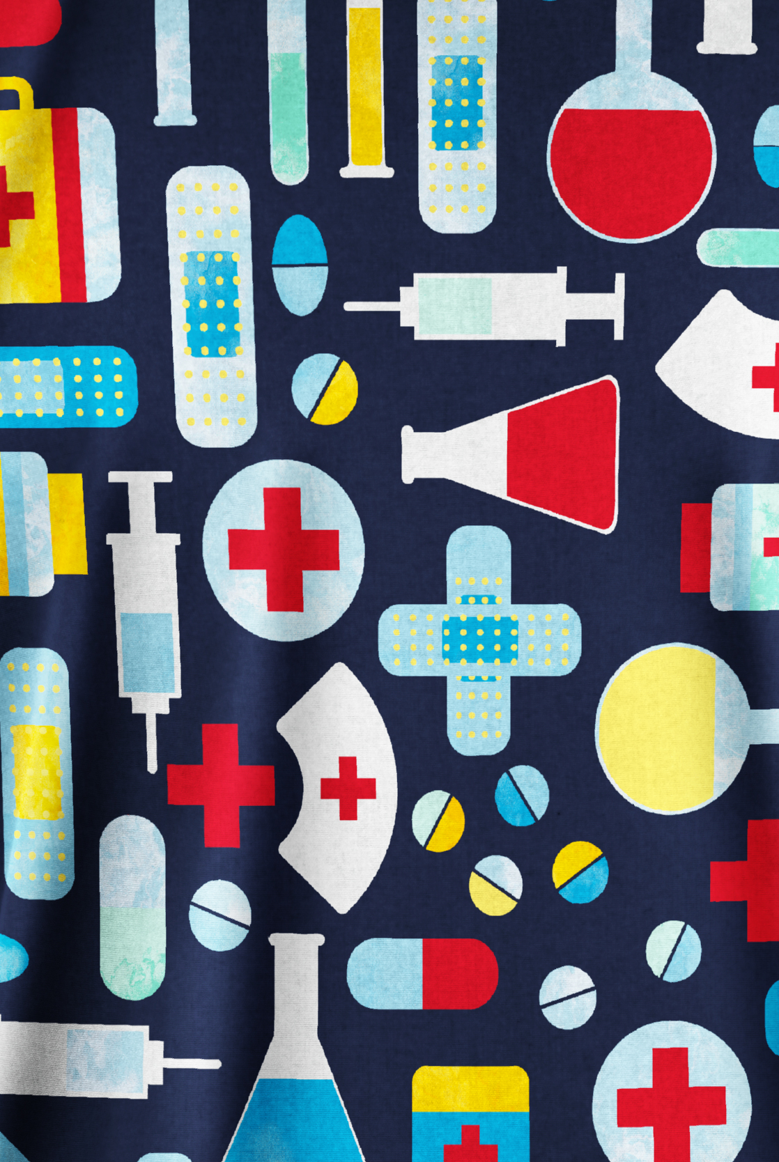 Blusa m&eacute;dica estampada Butter-Soft Originals Care Kit Navy con cuello en V y 2 bolsillos para mujer