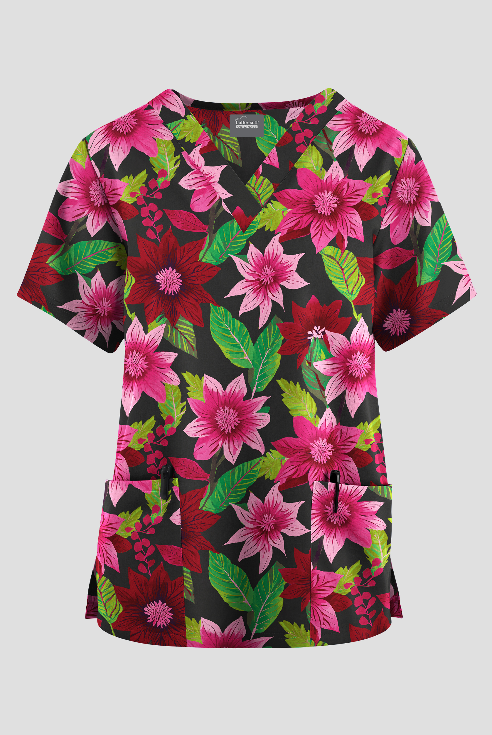 Butter-Soft Originals Pretty Poinsettia Women's 2-Pocket V-Neck Print Scrub Top