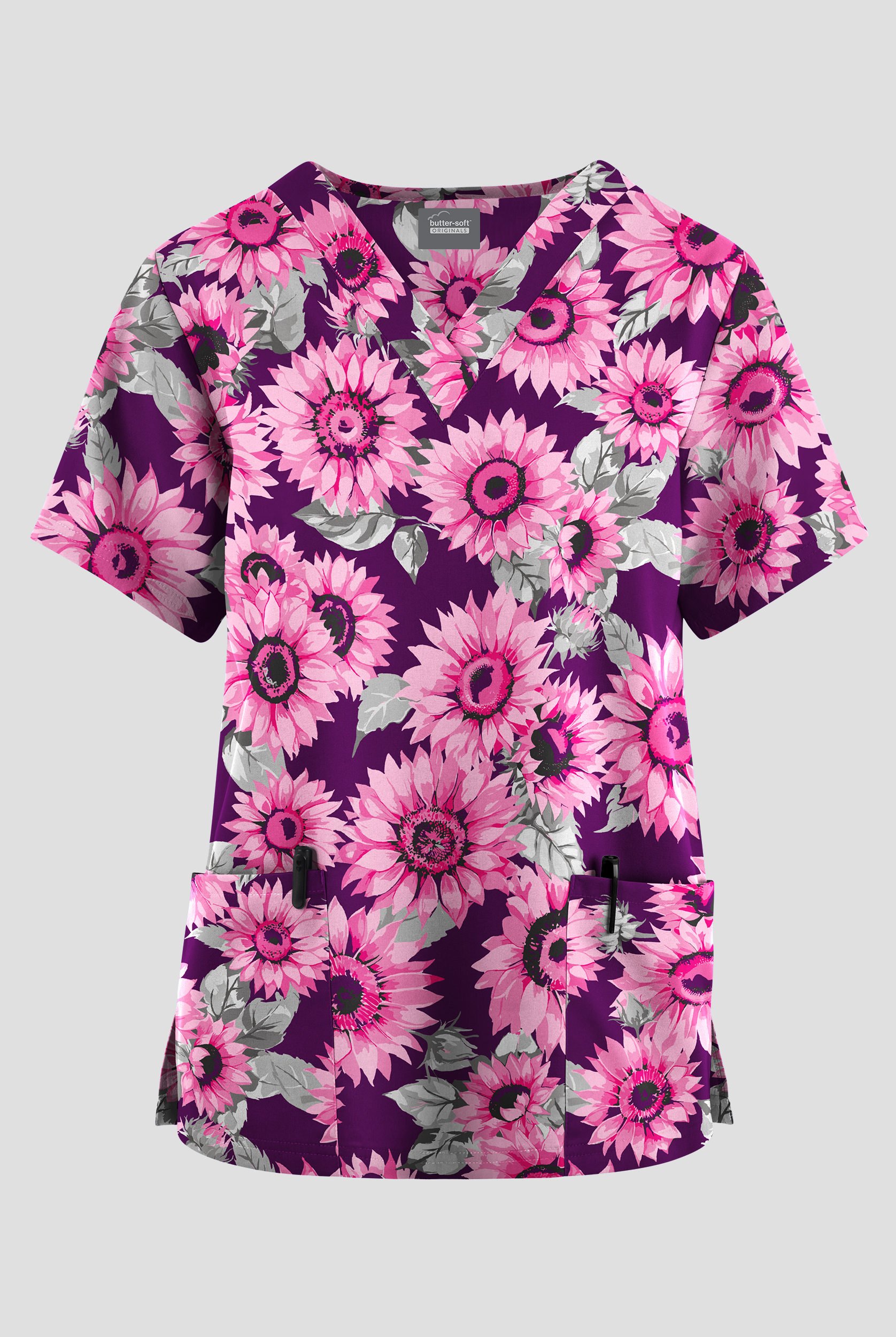 Blusa médica estampada Butter-soft Originals Sunflower Symphony Eggplant con cuello en V y 2 bolsillos para mujer