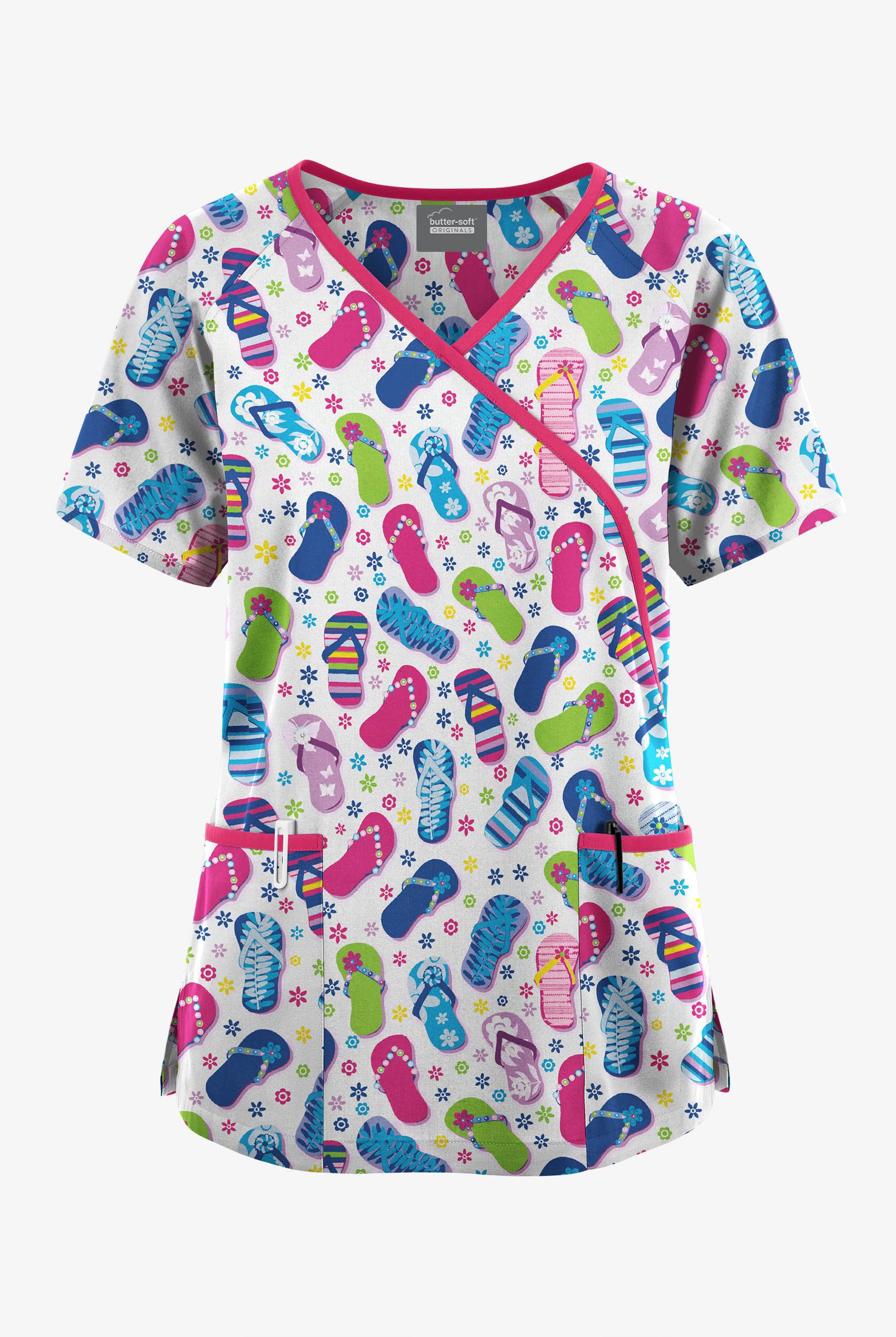 Butter-Soft Originals Flip Flop Fun Royal Women's 3-Pocket Mock Wrap with Ties Print Scrub Top