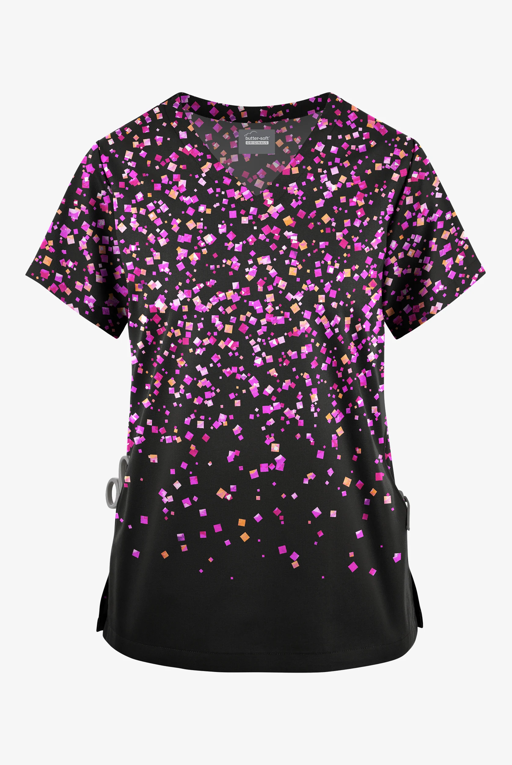 Butter-Soft Originals Confetti Fest Black Women's V-Neck Print Scrub Top