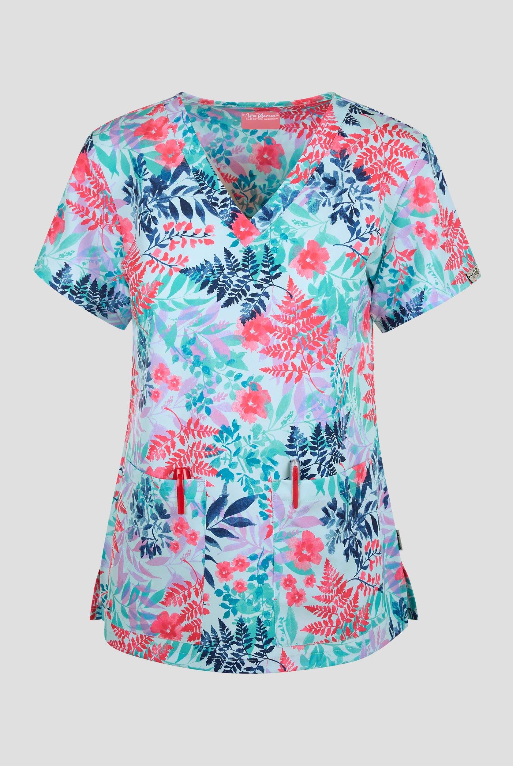 Zavate Ava Therese Botanical Breeze Women's 2-Pocket STRETCH V-Neck Print Scrub Top