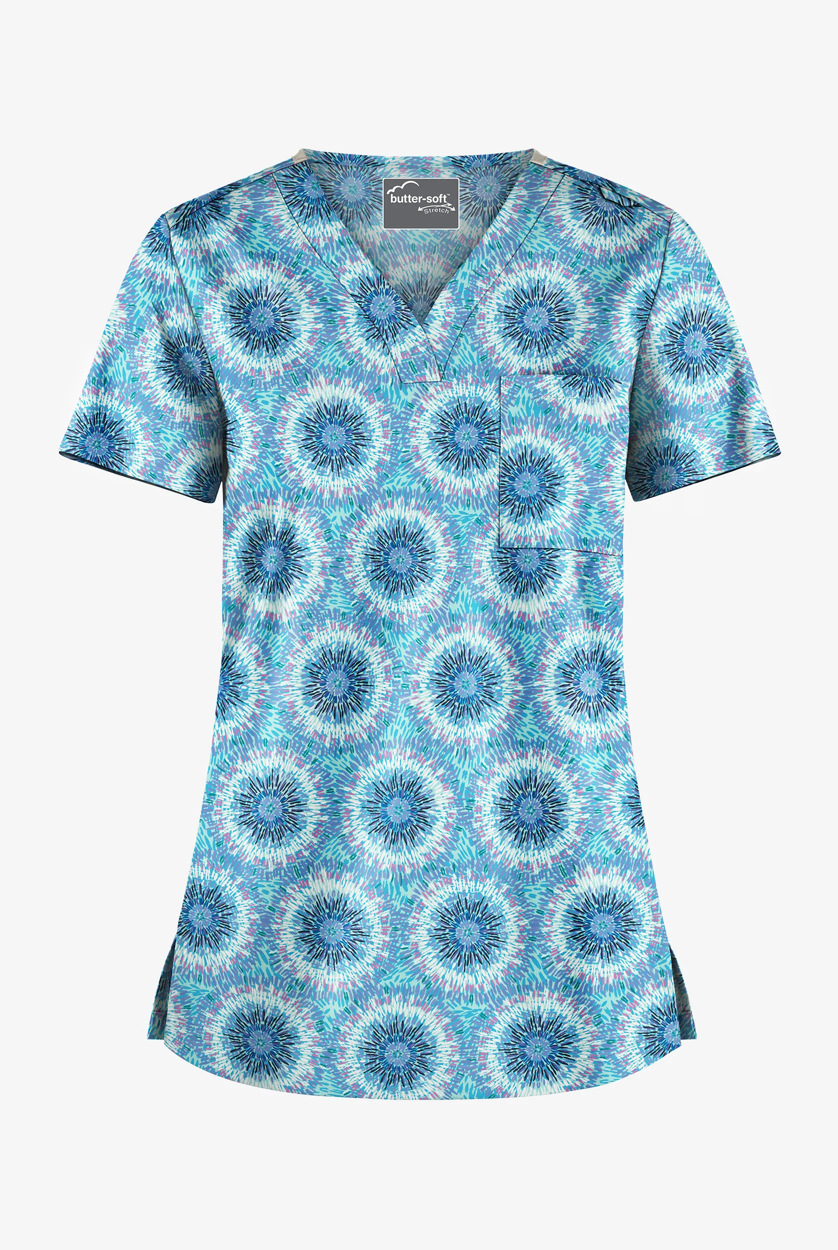 Butter-Soft STRETCH Splash of Geo Aqua Moon Women's 1-Pocket V-Neck Print Scrub Top