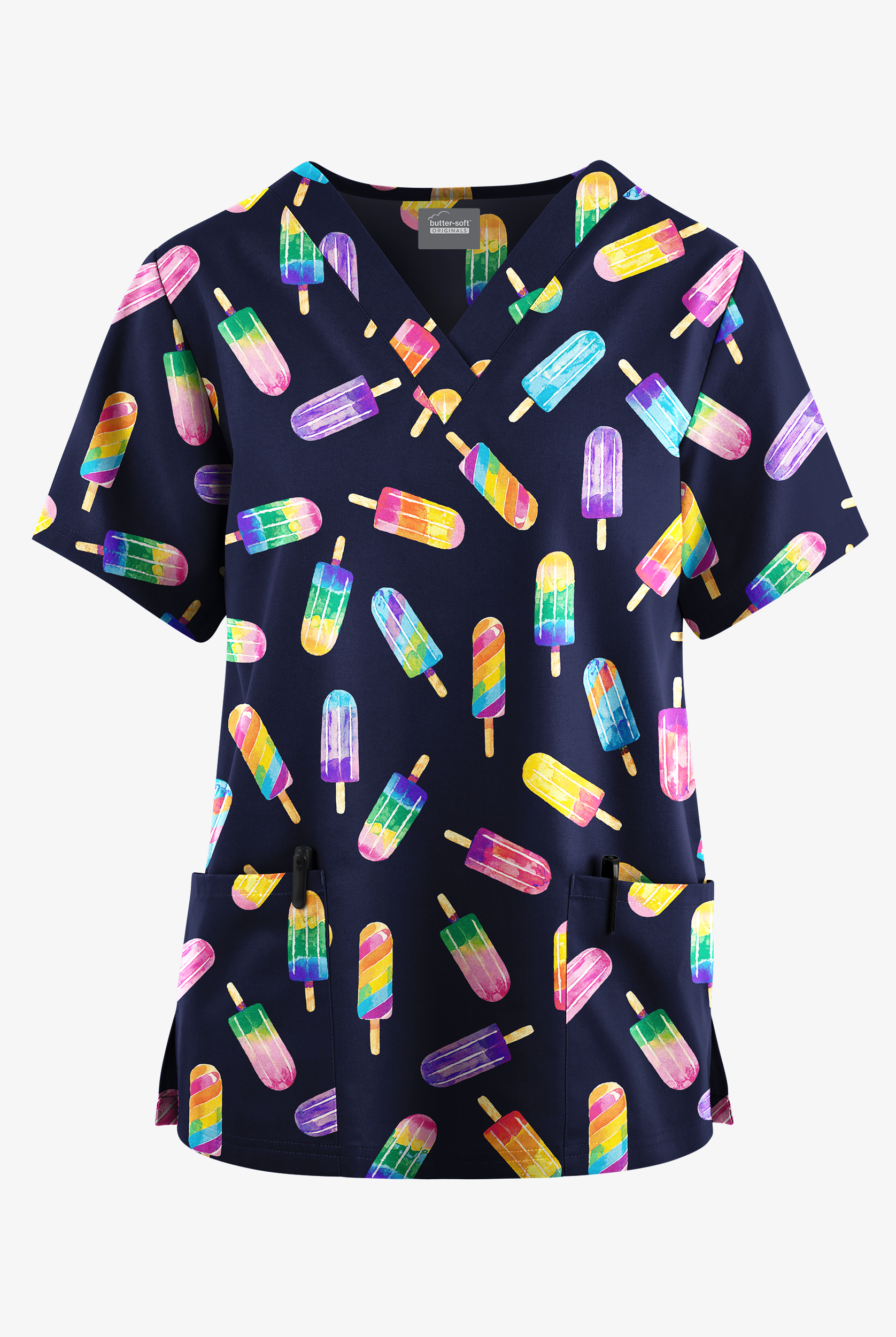 Butter-Soft Originals Rainbow Pops Navy Women's 2- Pocket V-Neck Print Scrub Top