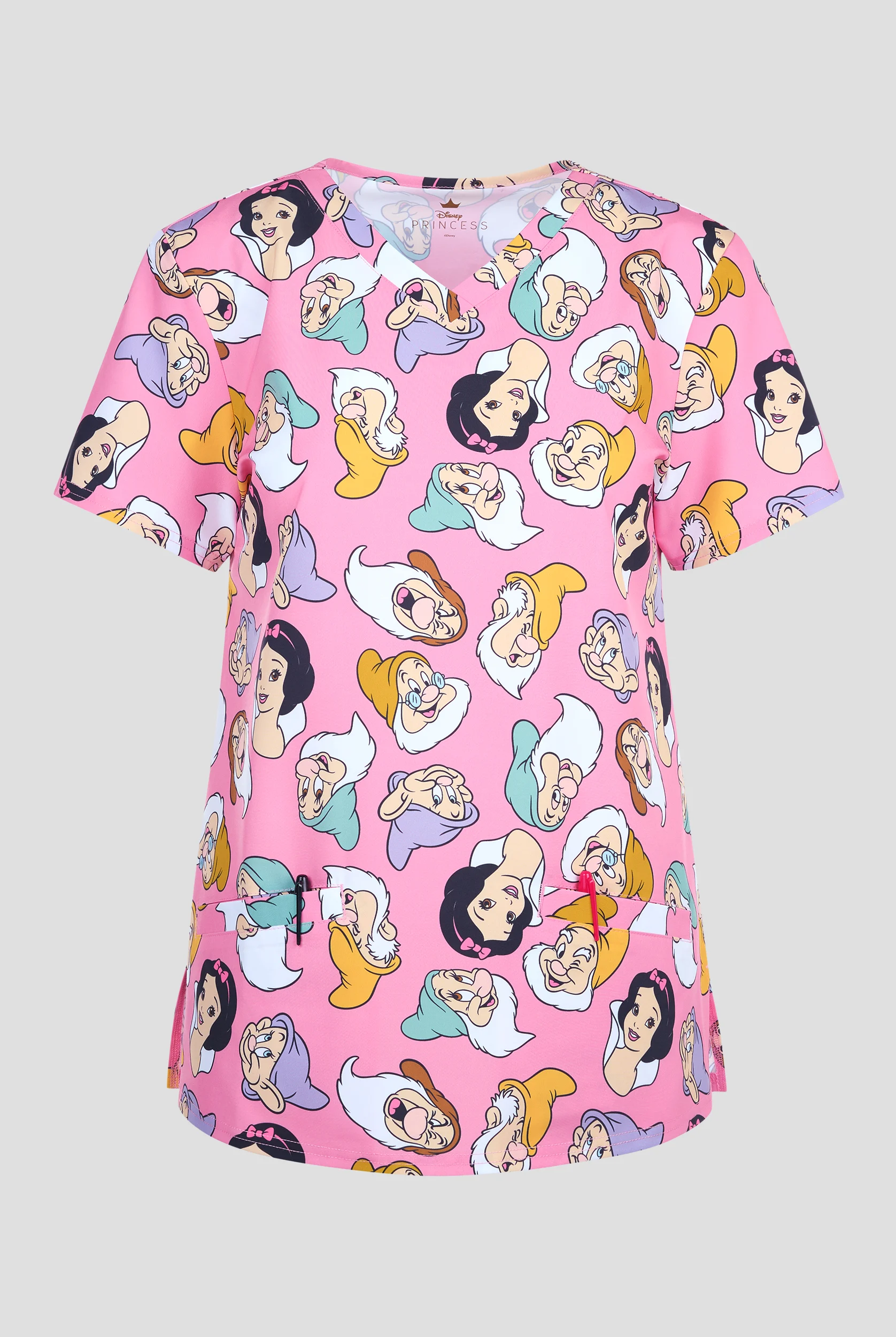 Disney's Snow White and Friends by Funscrubs Women's 2-Pocket STRETCH V-Neck Print Scrub Top