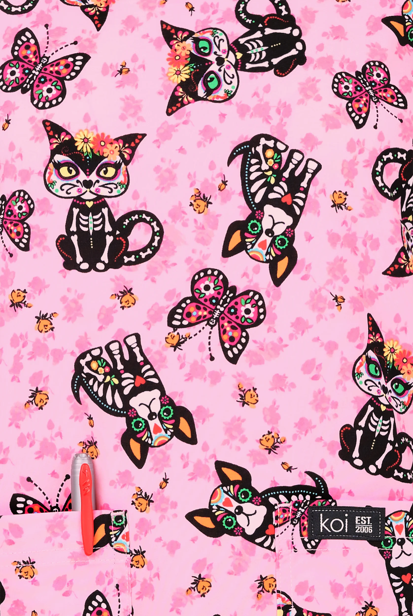 koi Basics Sugar Skull Cuties Women's 2-Pocket STRETCH V-Neck Print Scrub Top