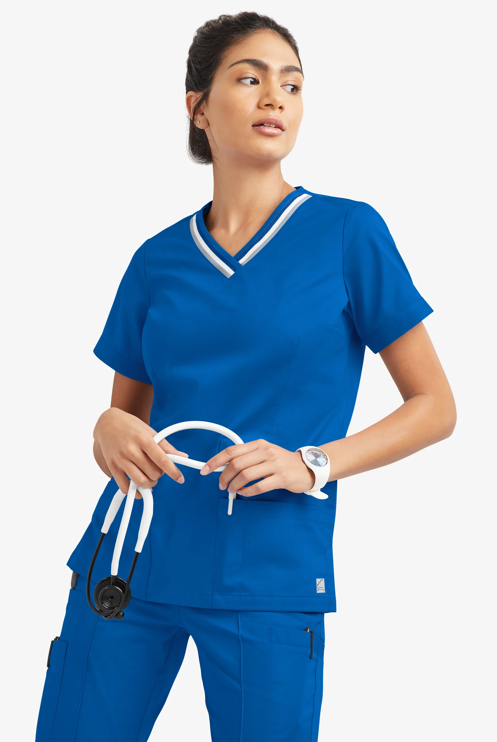 Butter-Soft STRETCH Women's 5-Pocket Short Sleeve V-Neck with Sport Trim Detail Scrub Top