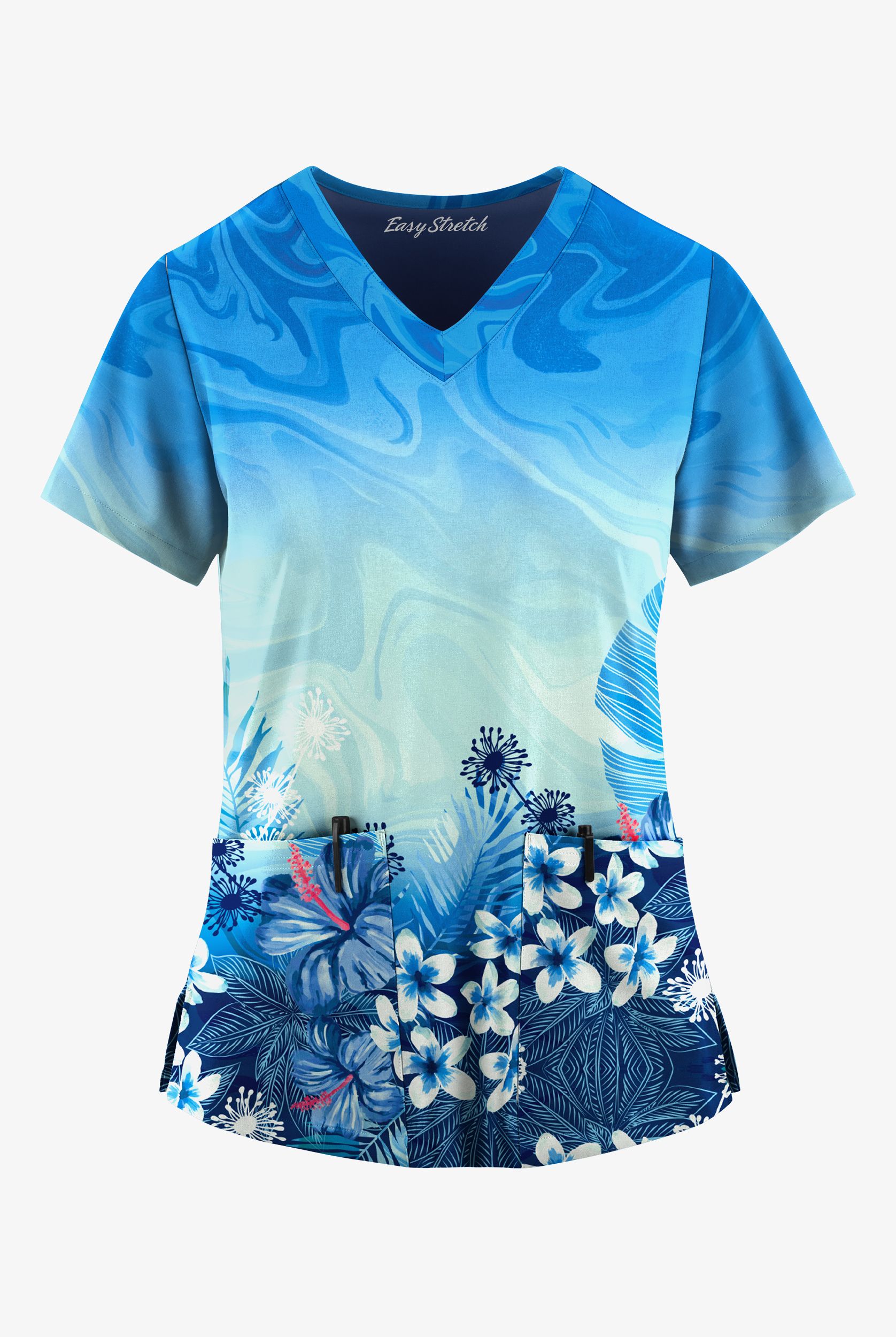 Easy STRETCH Honolulu Garden Navy Women's 2-Pocket Mitered V-Neck Print Scrub Top