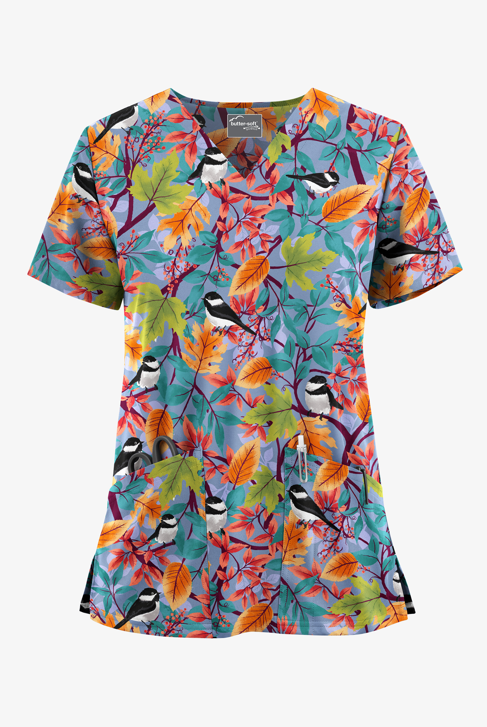 Blusa médica estampada UA Butter-Soft STRETCH Hidden Garden Ceil con cuello en V y 2 bolsillos para mujer