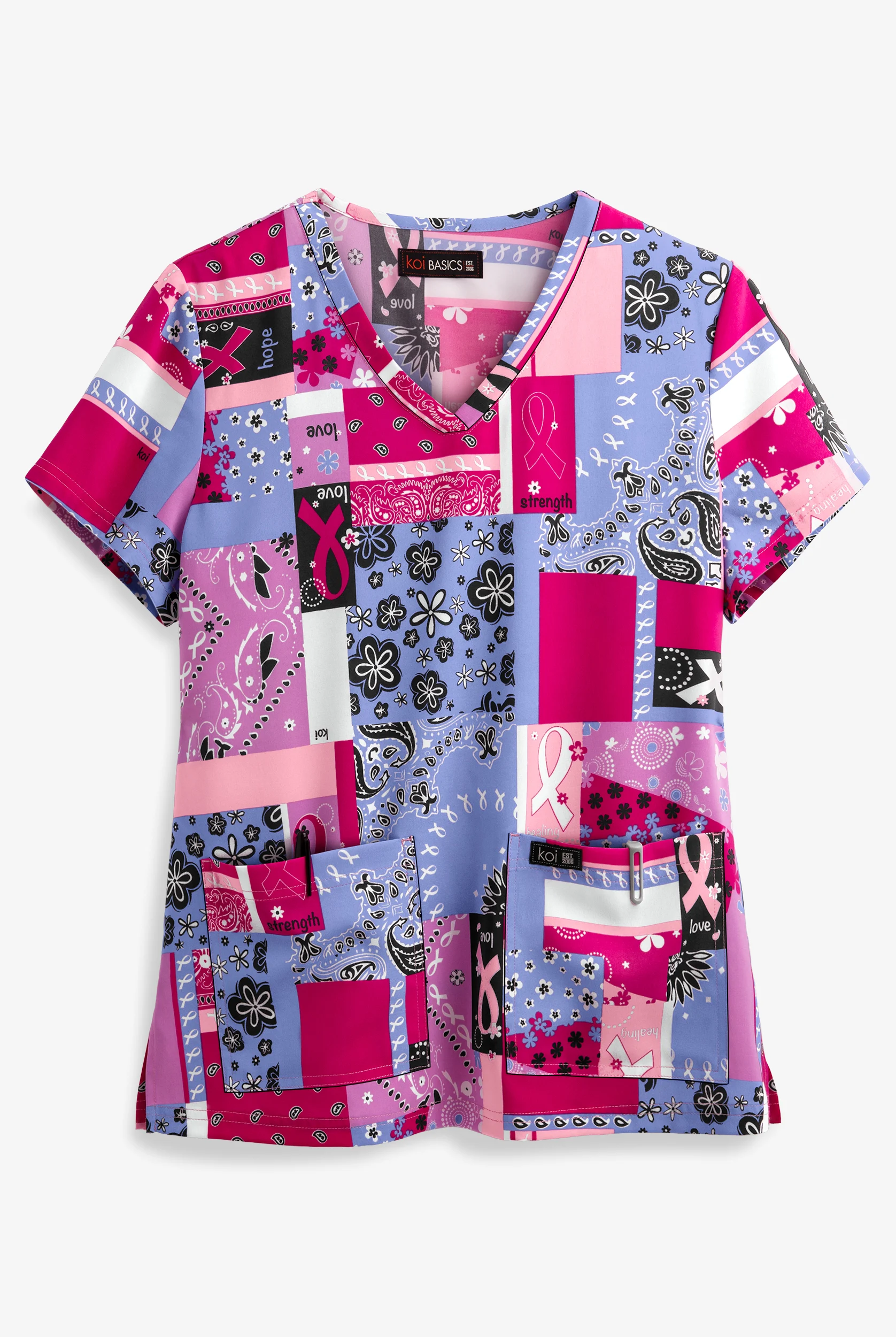 koi Basics Bandana Women's 2-Pocket V-Neck Print Scrub Top