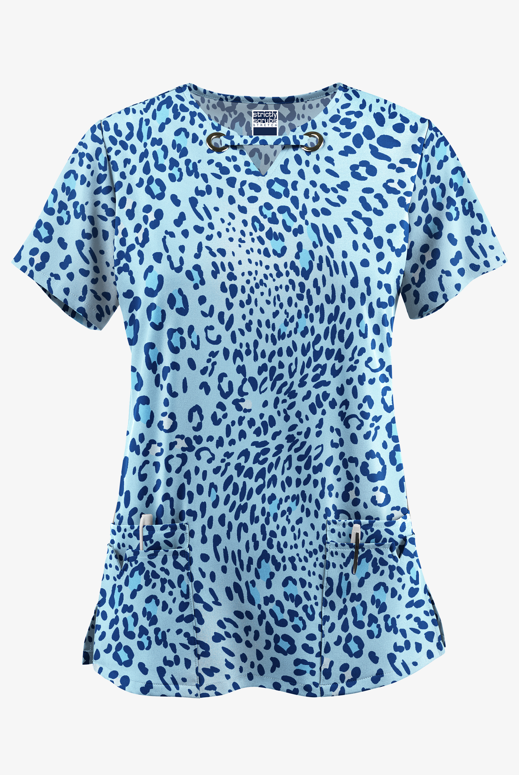 Blusa médica estampada Strictly Scrubs Summer Animal Royal STRETCH con ojales en el cuello y 4 bolsillos para mujer