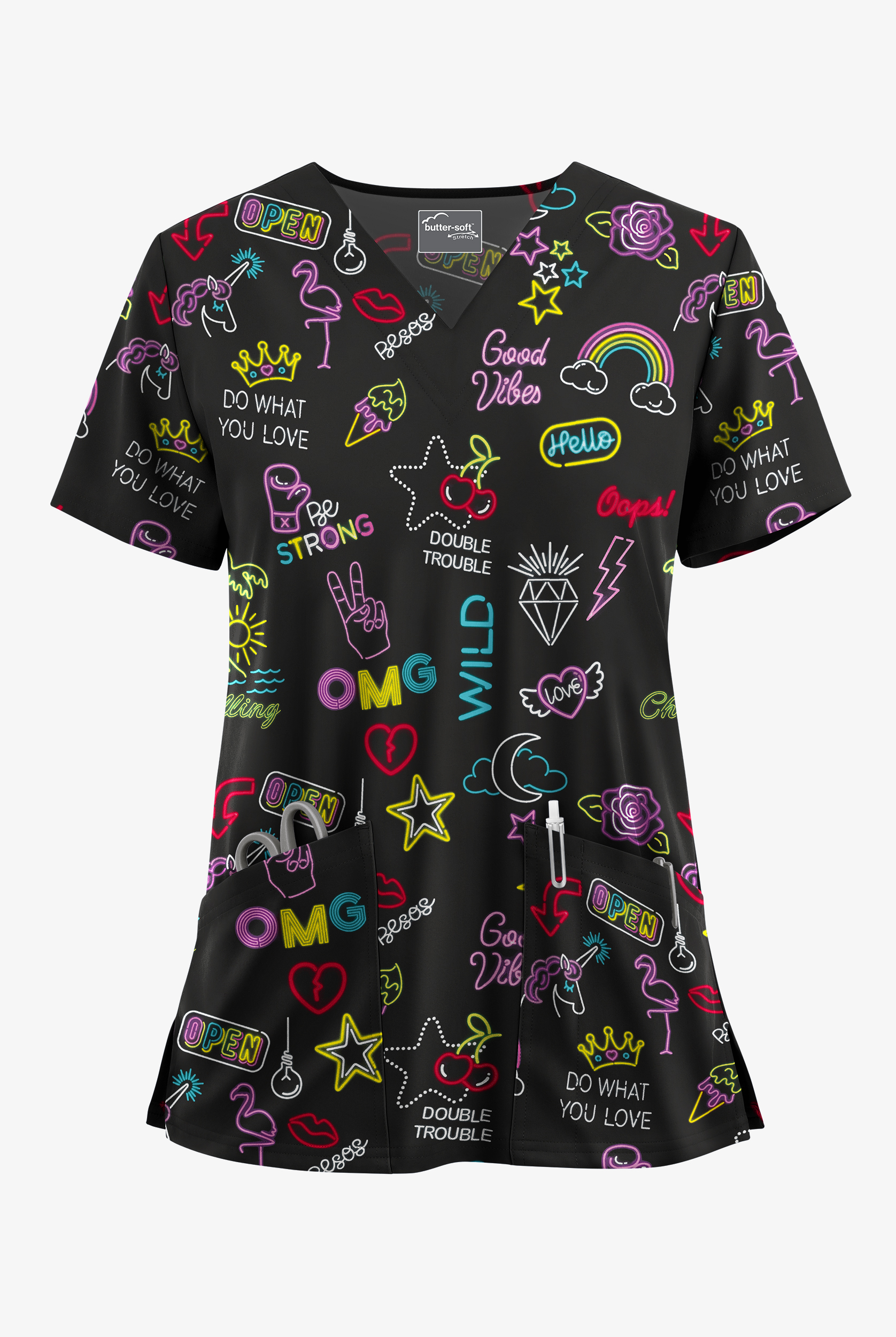 Butter-Soft STRETCH Neon Vibes Black Women's 2-Pocket V-Neck Print Scrub Top