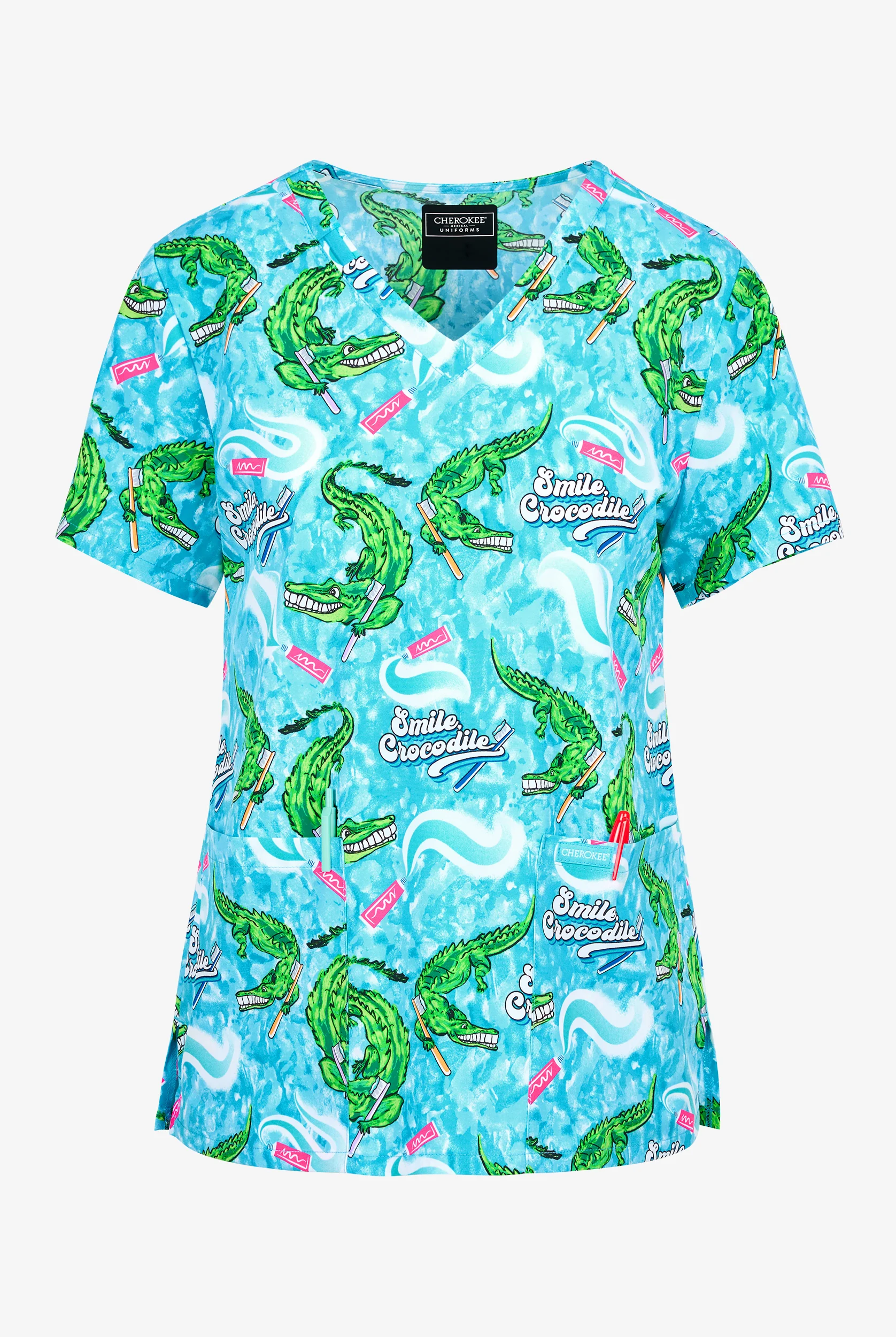 Cherokee Smile Crocodile Women's 2-Pocket STRETCH V-Neck Print Scrub Top