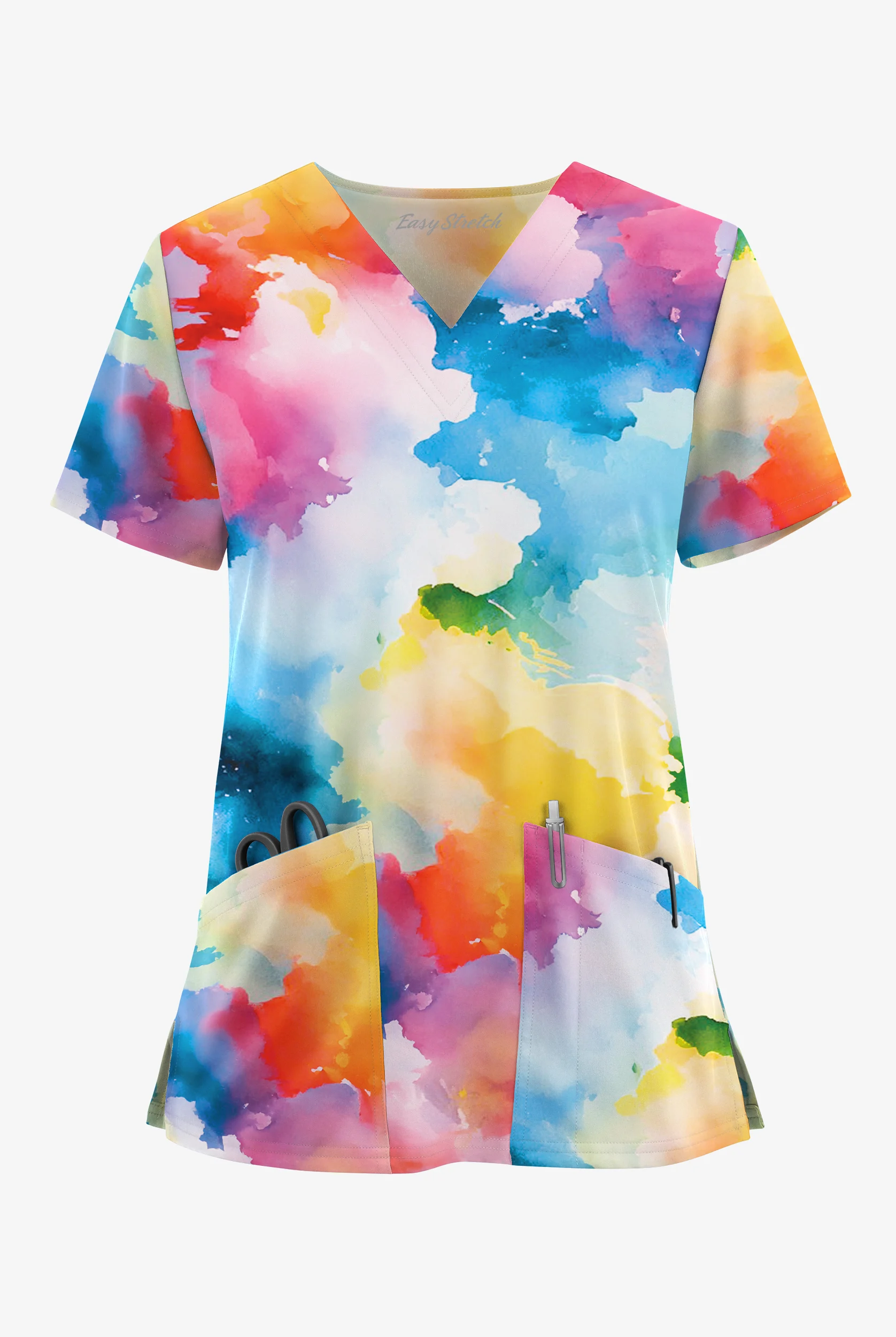 Easy STRETCH Vibrant Clouds Royal Leaf Women's V-Neck 2 Pocket Top