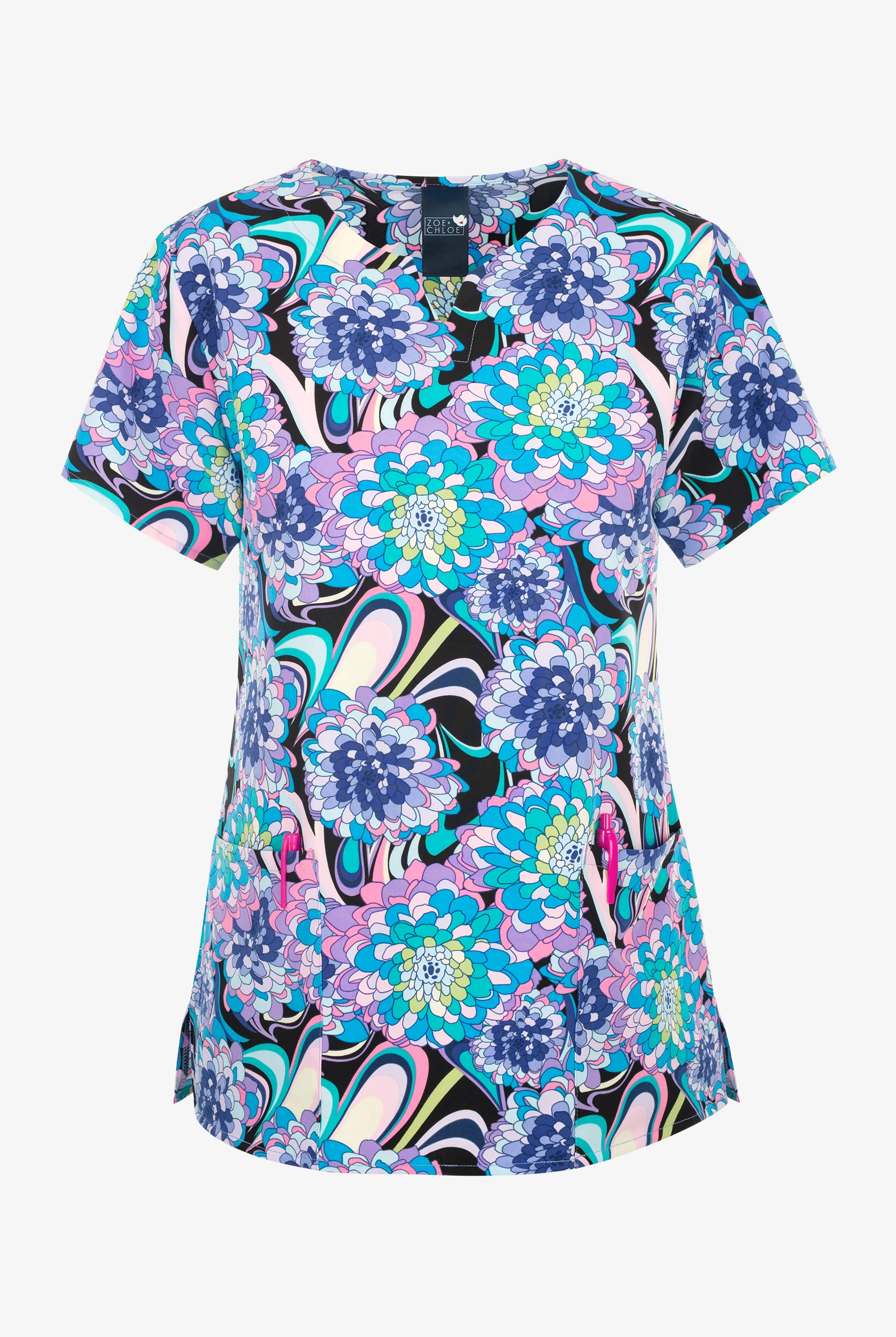 Zoe & Chloe Disco Floral Women's 2-Pocket STRETCH Notch Neck Print ScrubTop