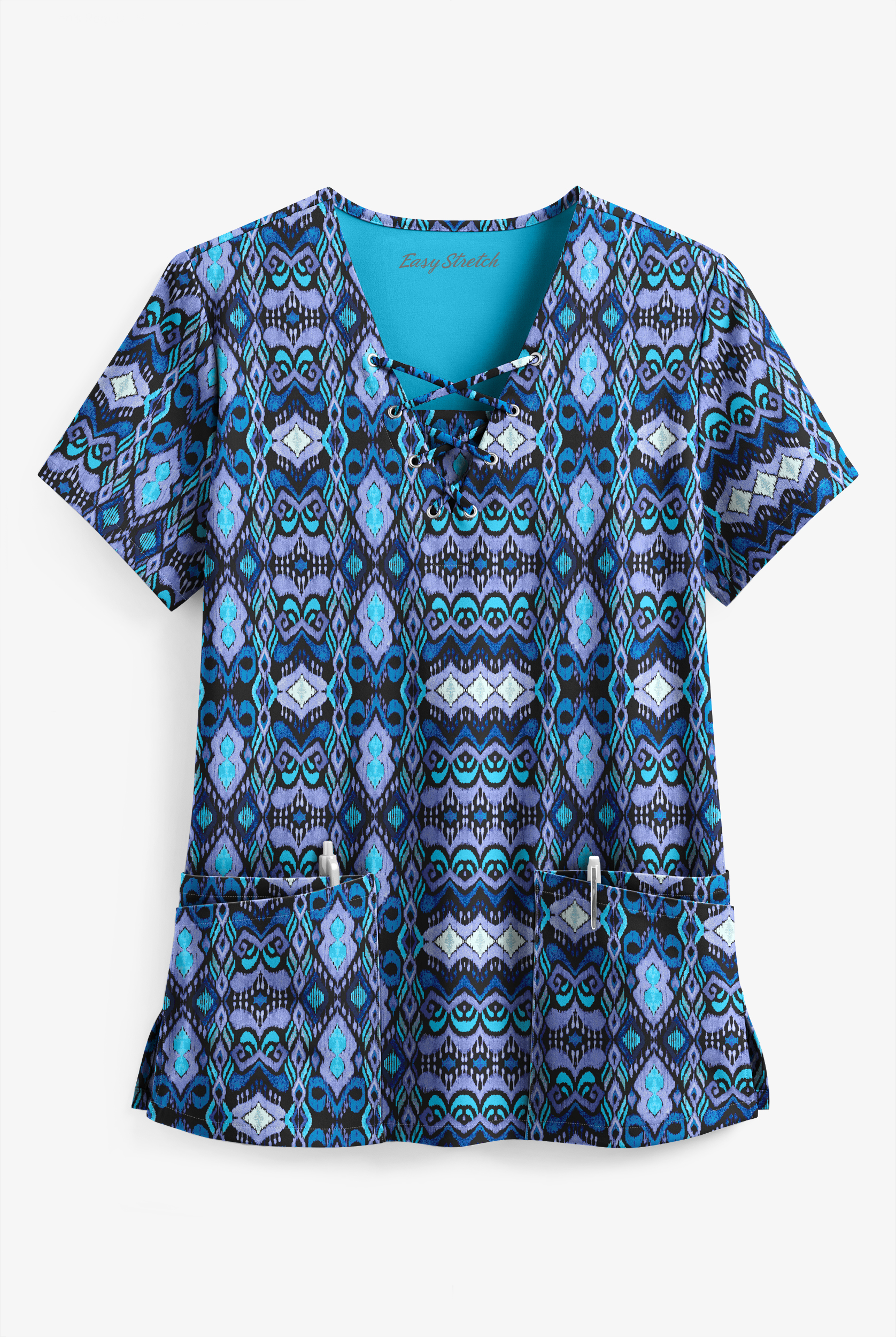 Easy STRETCH Whispering Ikat Onyx Women's 4-Pocket V-Neck Print Scrub Top